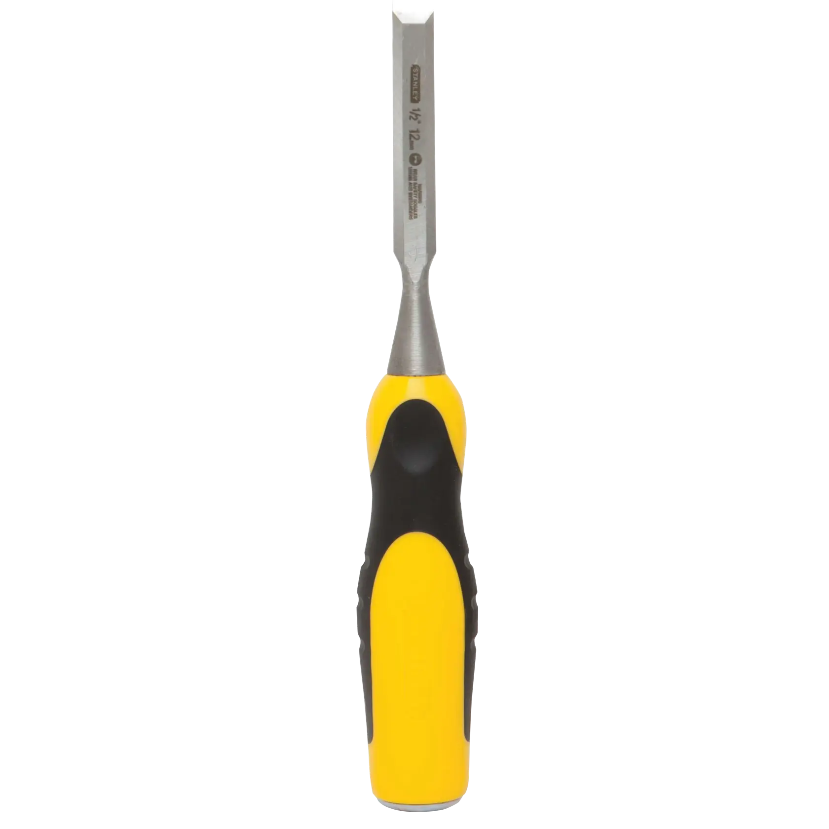 Front view of STANLEY chisel with yellow and black handle on white background