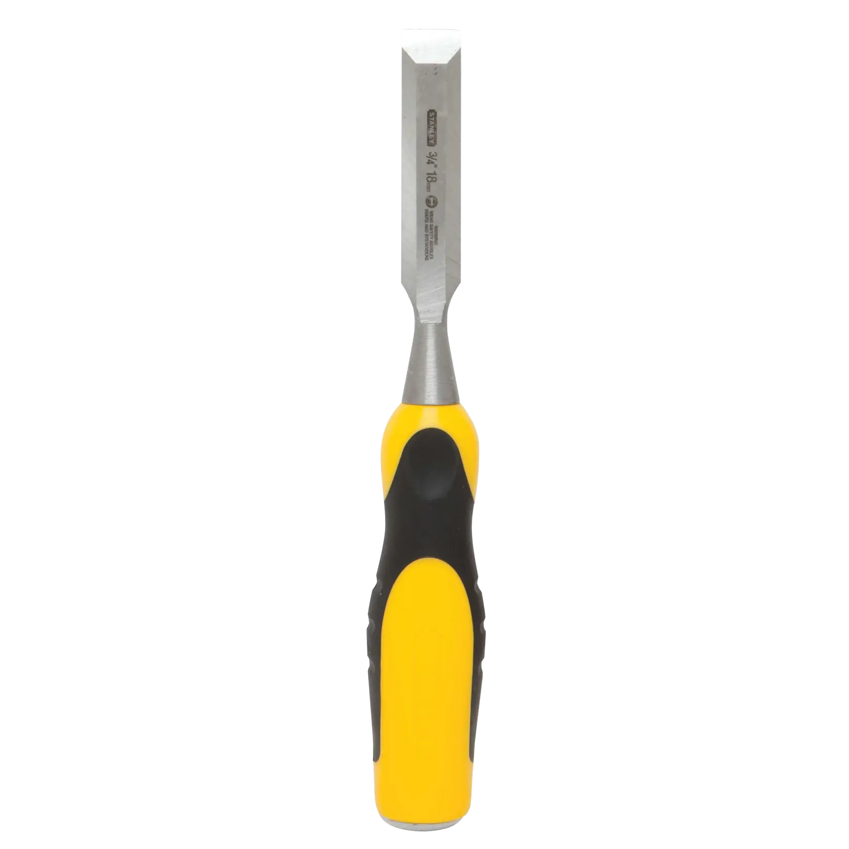 Stanley chisel front view with yellow and black ergonomic handle and steel blade on white background