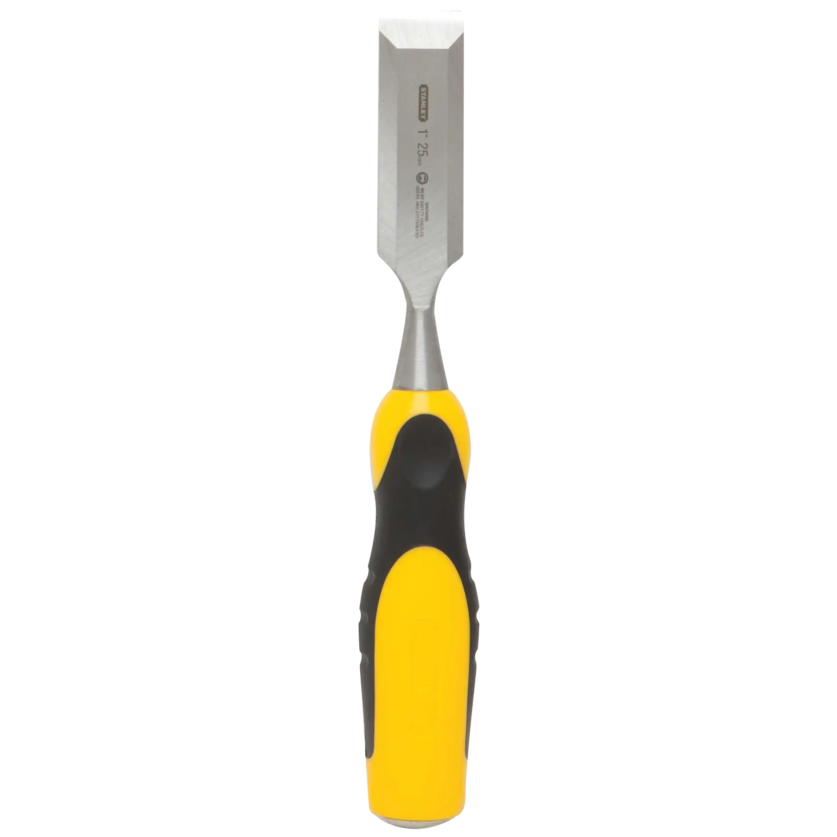 Stanley wood chisel with yellow and black ergonomic handle, front view on white background