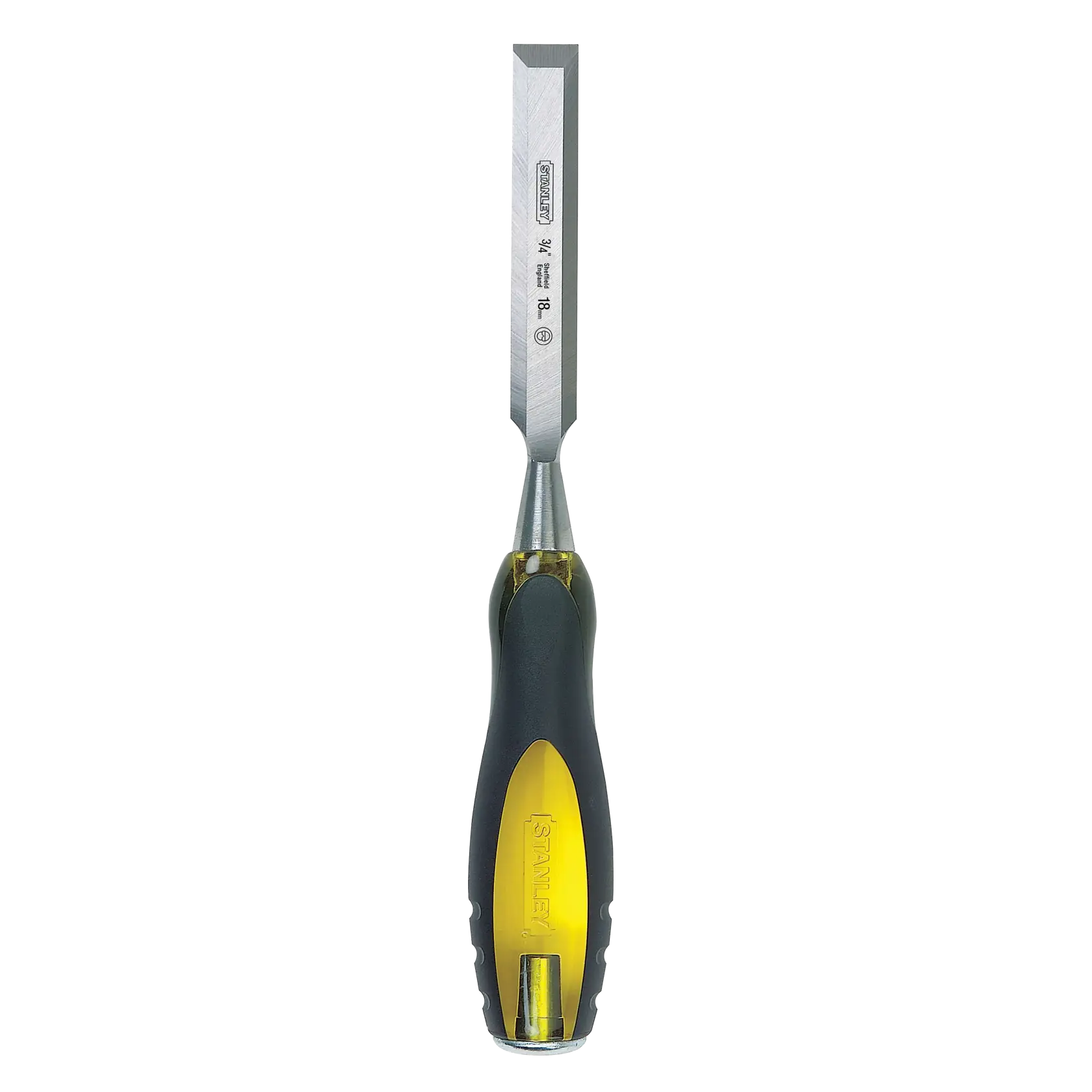Stanley wood chisel with beveled steel blade and black and yellow ergonomic handle, front view on white background