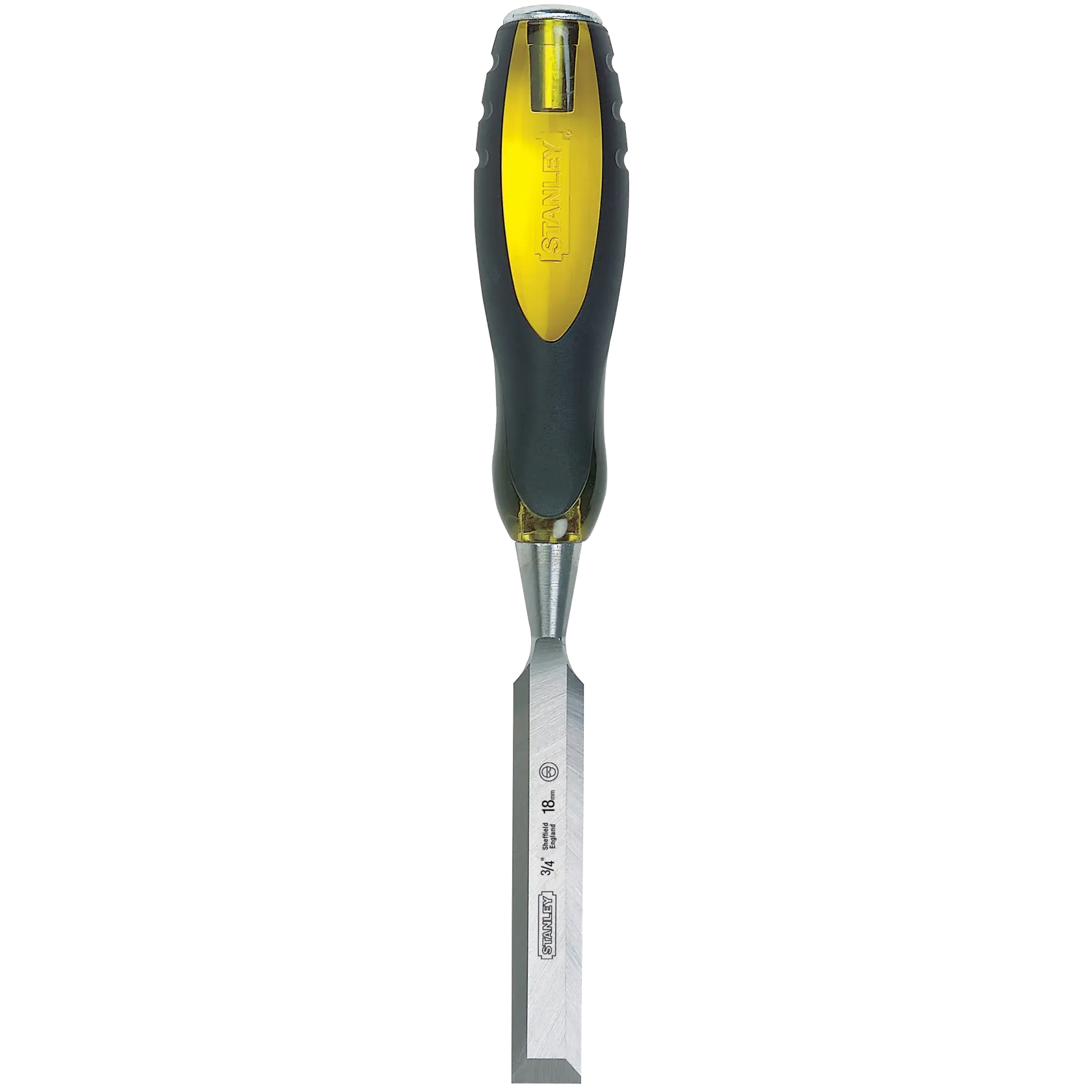 STANLEY wood chisel with yellow and black ergonomic handle, front angle on white background