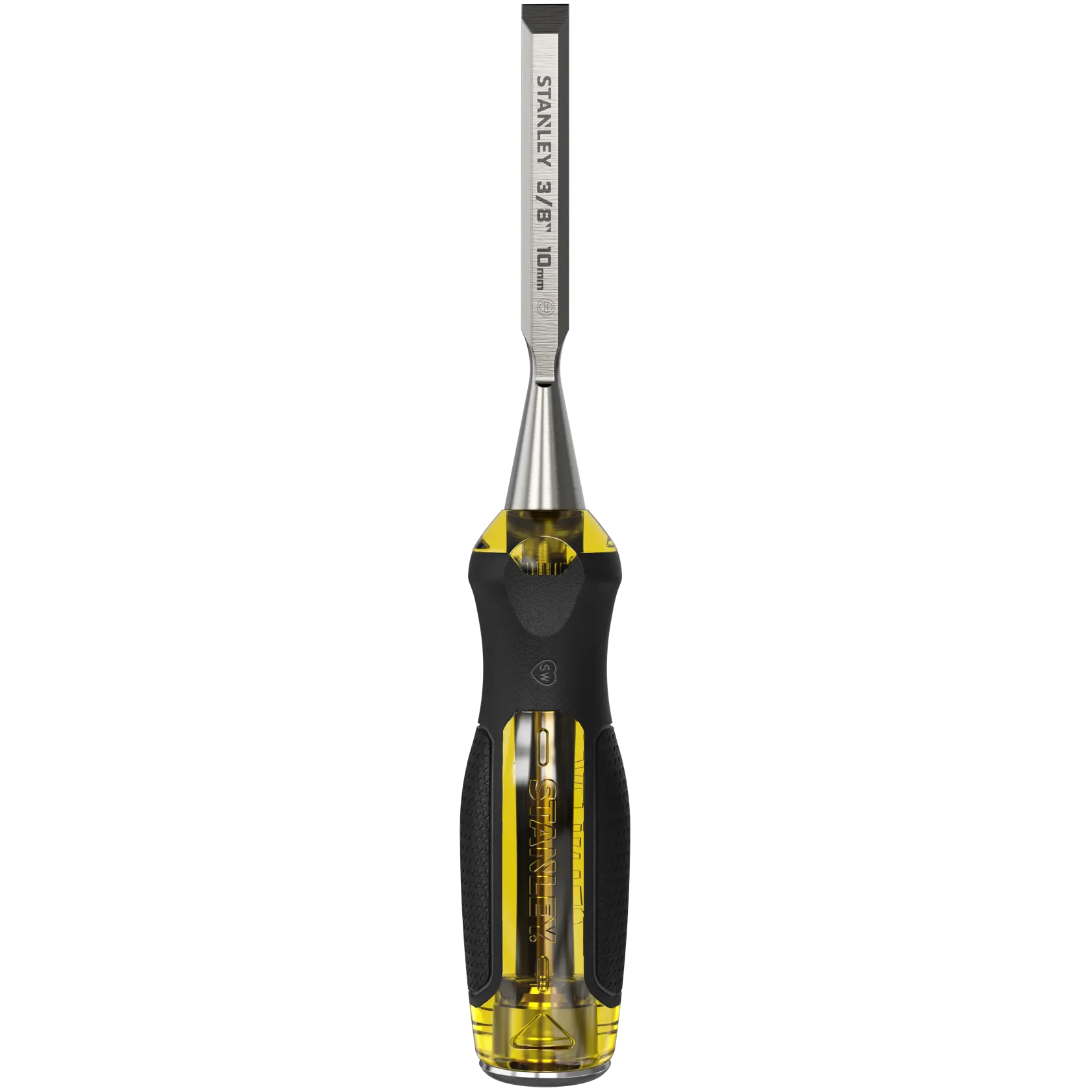 Stanley wood chisel with yellow and black handle, front view on white background