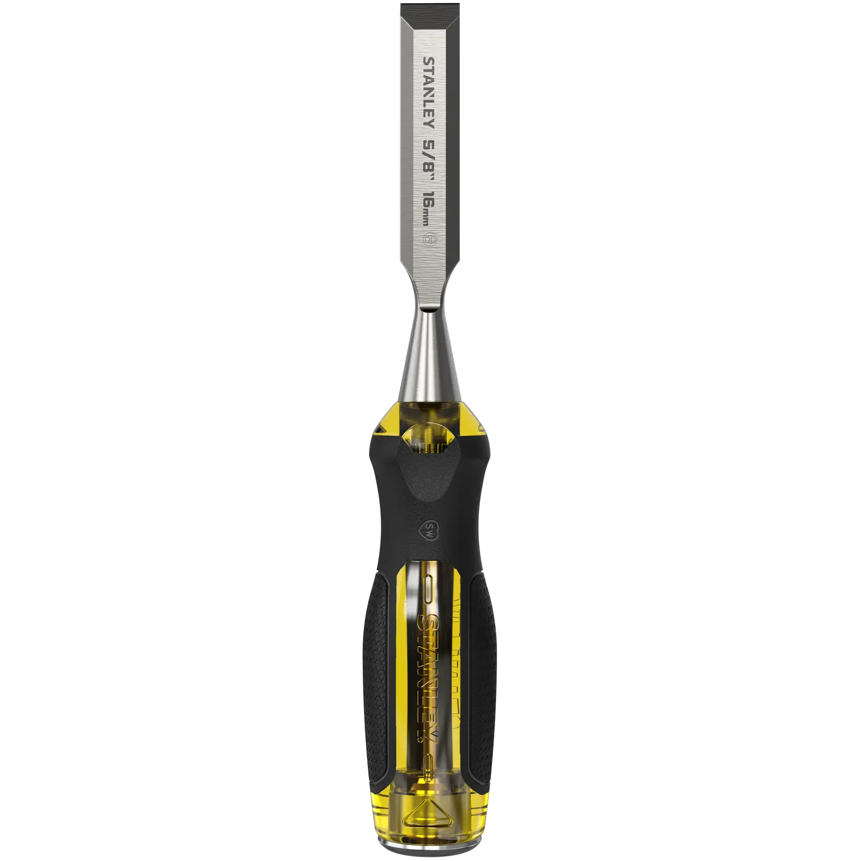 Stanley chisel front angle, clear amber and black handle with steel blade, Thru-Tang branding, white background