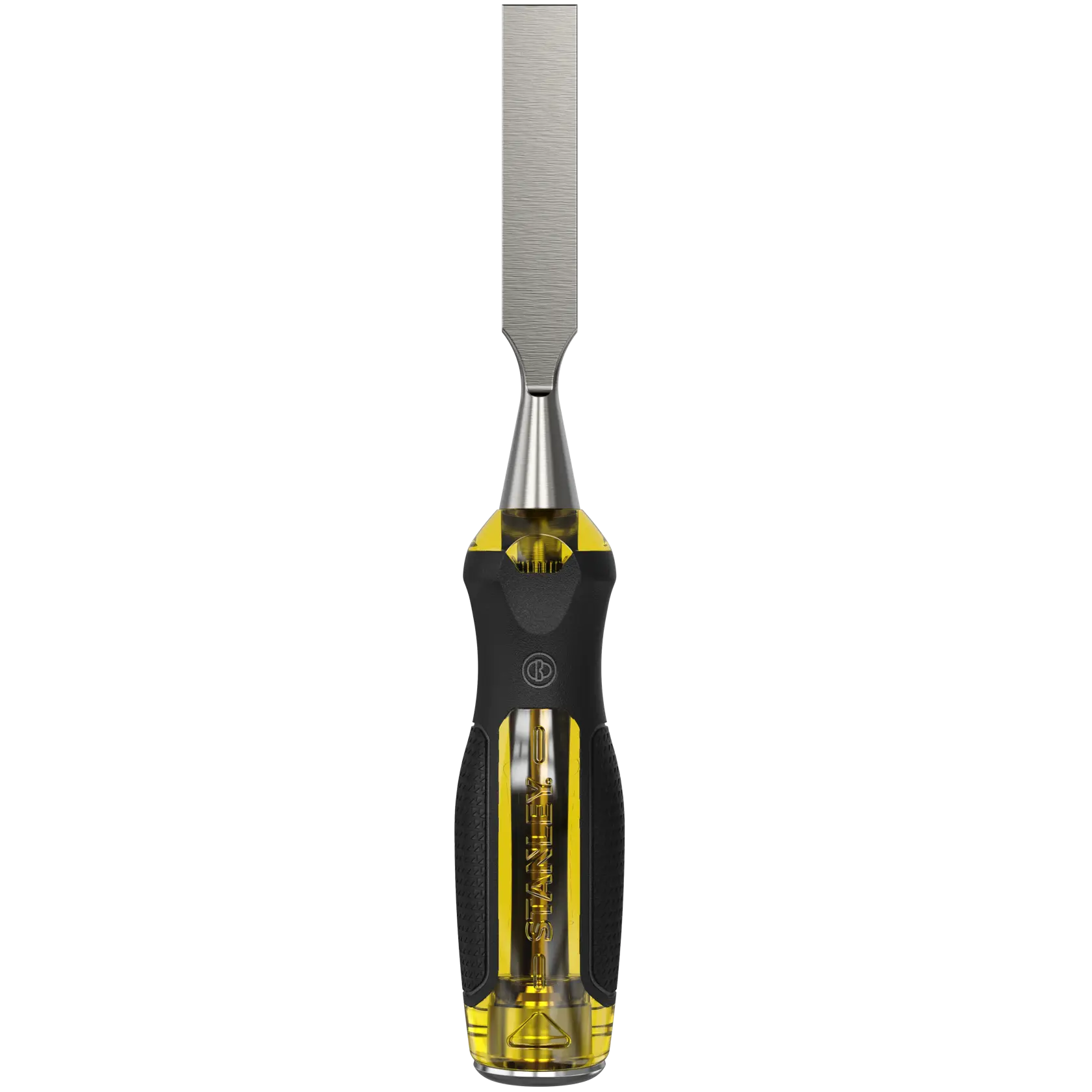 STANLEY 16-976 woodworking chisel with yellow and black handle, front view on white background.