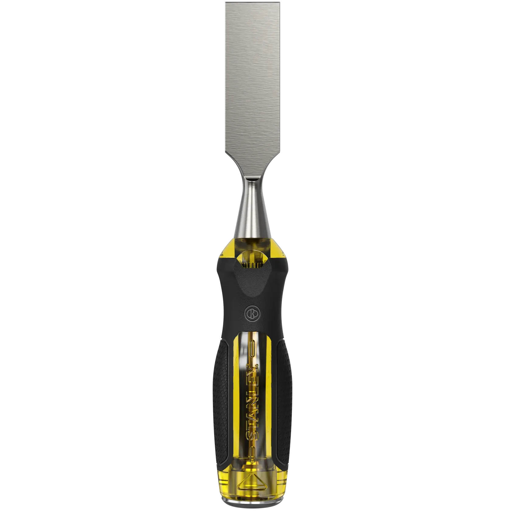 Stanley wood chisel with a black and yellow handle and a flat metal blade for carpentry and woodworking tasks.