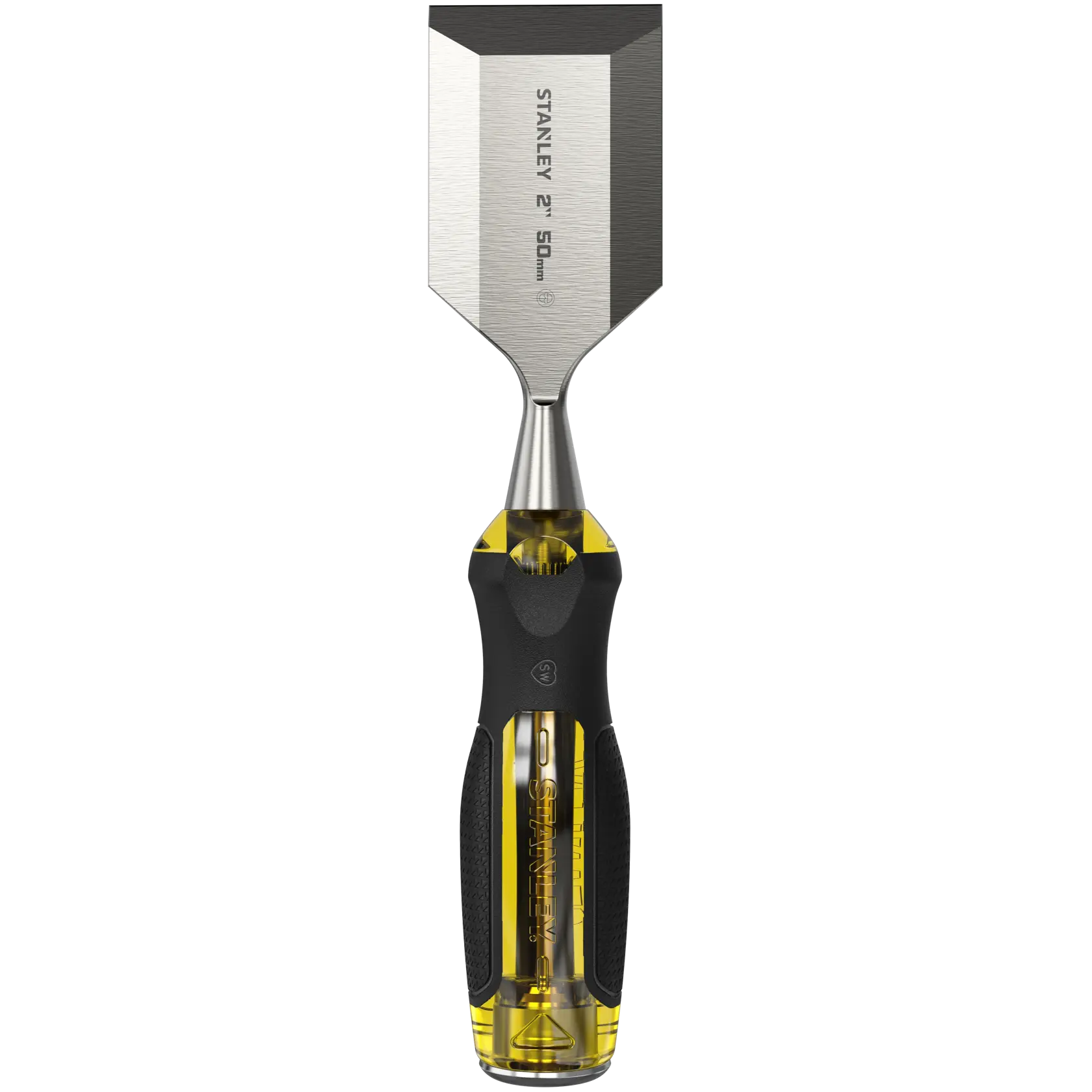 Stanley wood chisel with a wide steel blade and transparent amber handle, front view on white background