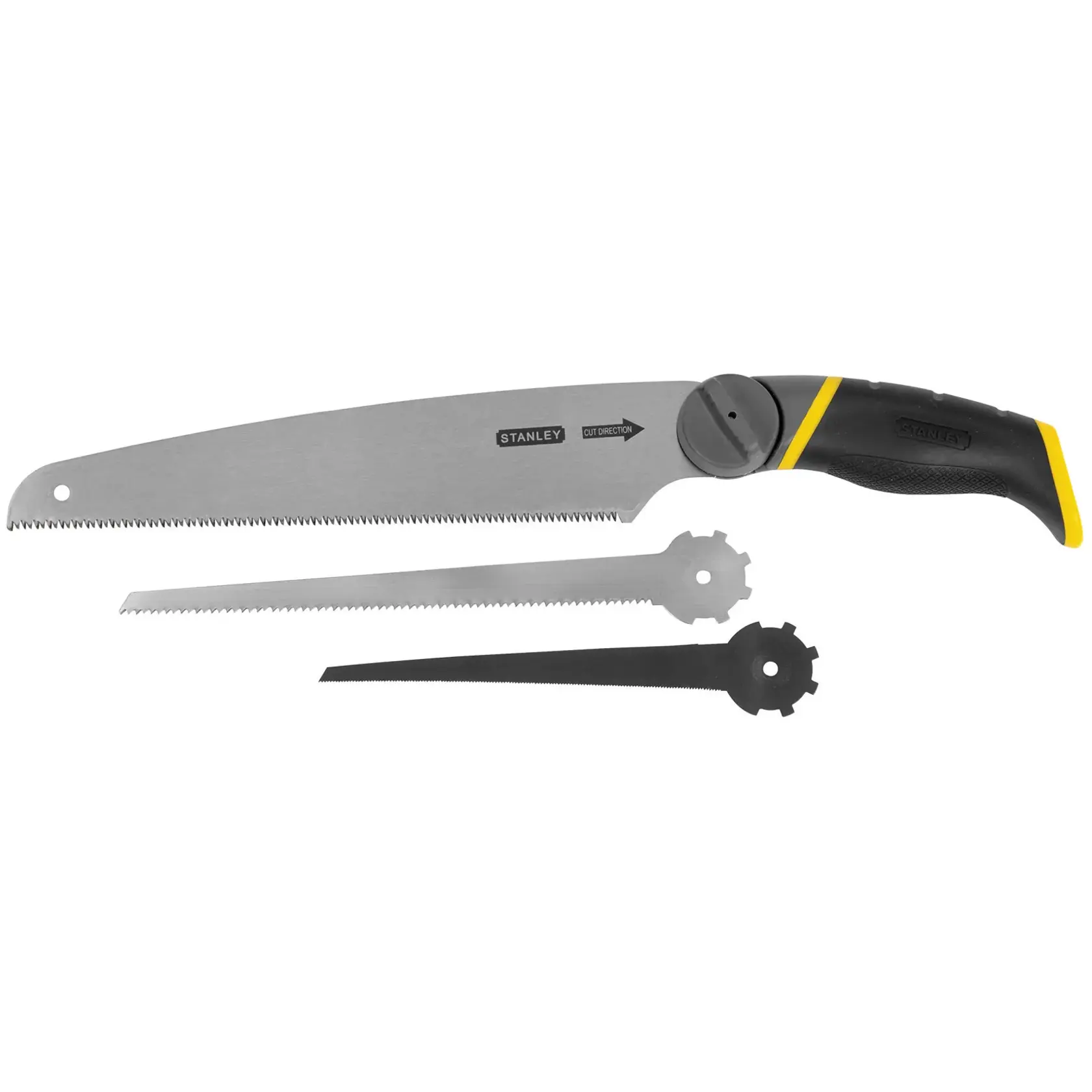 Stanley hand saw with black and yellow handle and two interchangeable blades, side view on white background