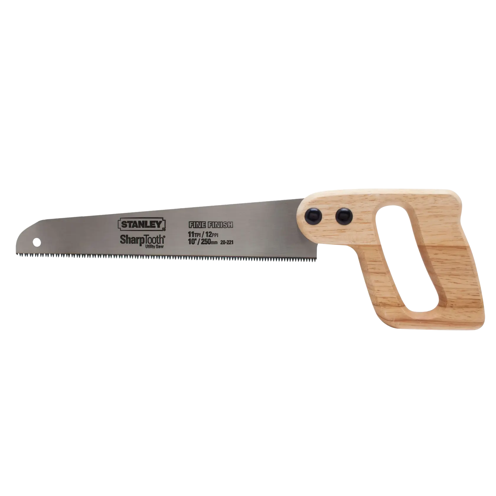 Stanley hand saw with wooden handle and SharpTooth blade, side view on white background