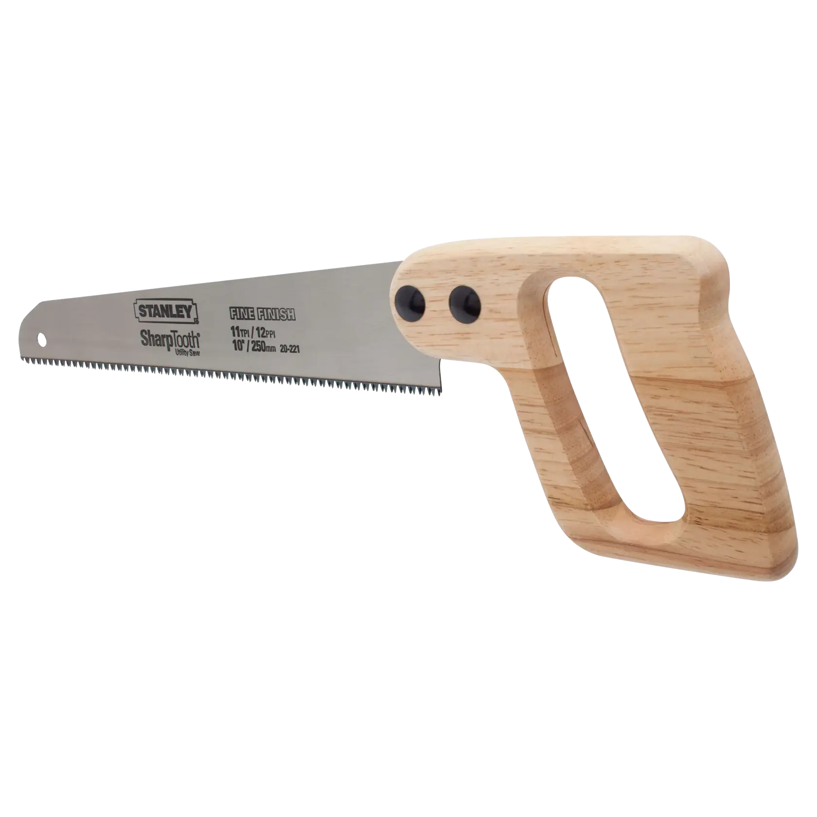 Stanley utility saw side view with SharpTooth blade and ergonomic wooden handle on white background