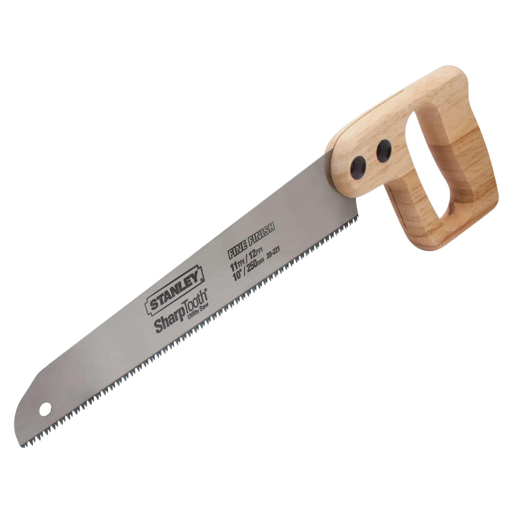 Stanley hand saw with fine finish blade and wooden handle, side angle on white background