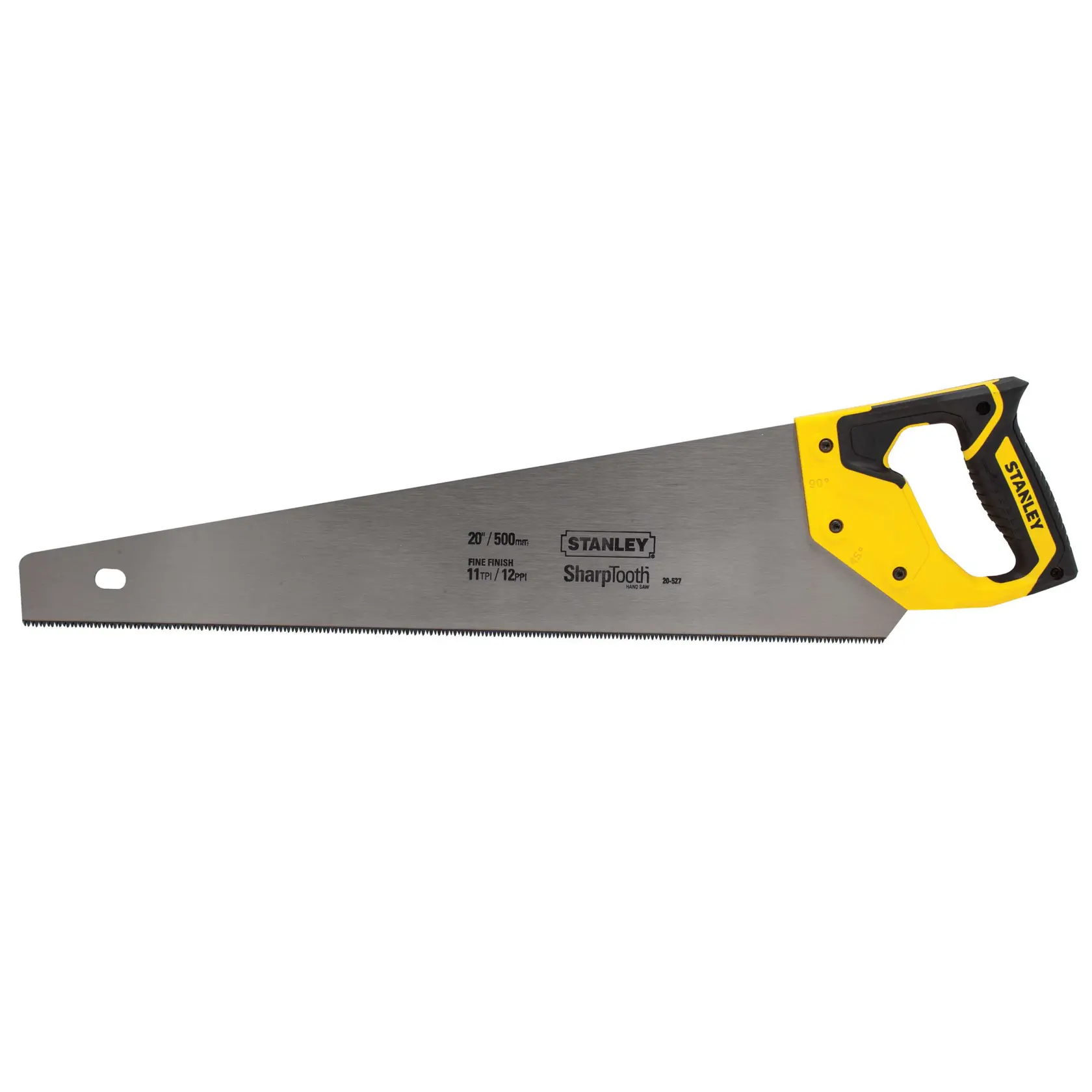 Stanley hand saw side view with yellow and black handle and SharpTooth blade on white background