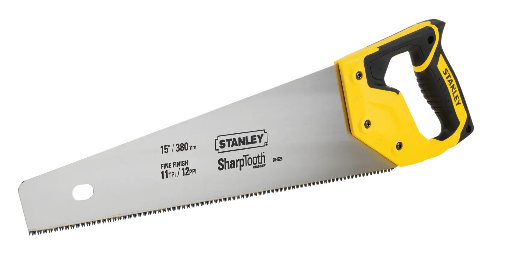 Stanley hand saw with yellow and black handle, 15 inch SharpTooth blade, fine finish, front angle on white background