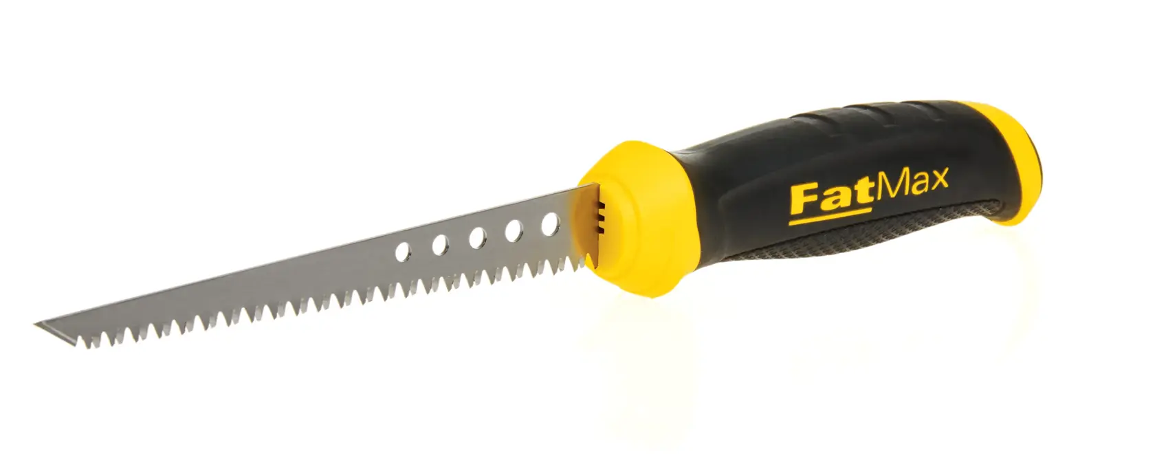 Stanley FatMax drywall saw with yellow and black ergonomic handle, side angle on white background
