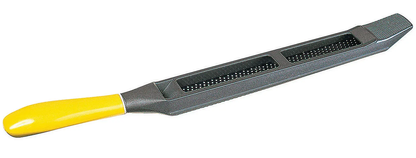 Stanley surform planer tool with yellow handle, top angle, gray body, grating blade visible