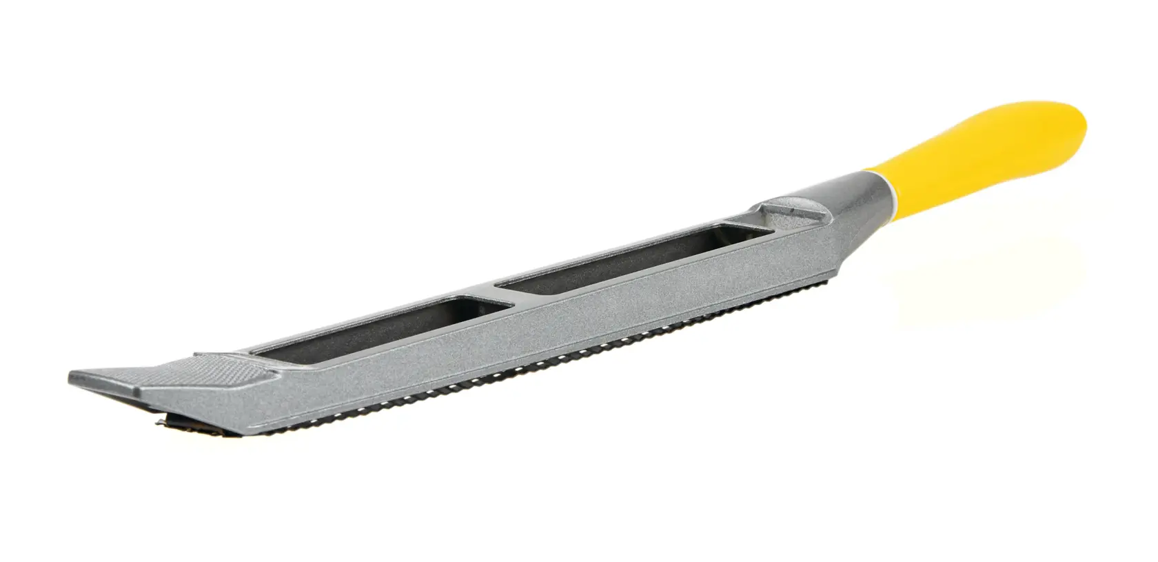 Stanley surform flat file with yellow handle, angled side view on white background