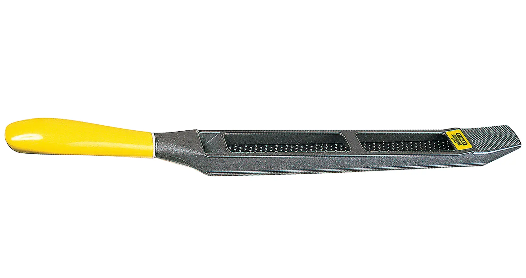 STANLEY 21-295 hand rasp with yellow handle, side angle, metal body with grater teeth for woodworking.