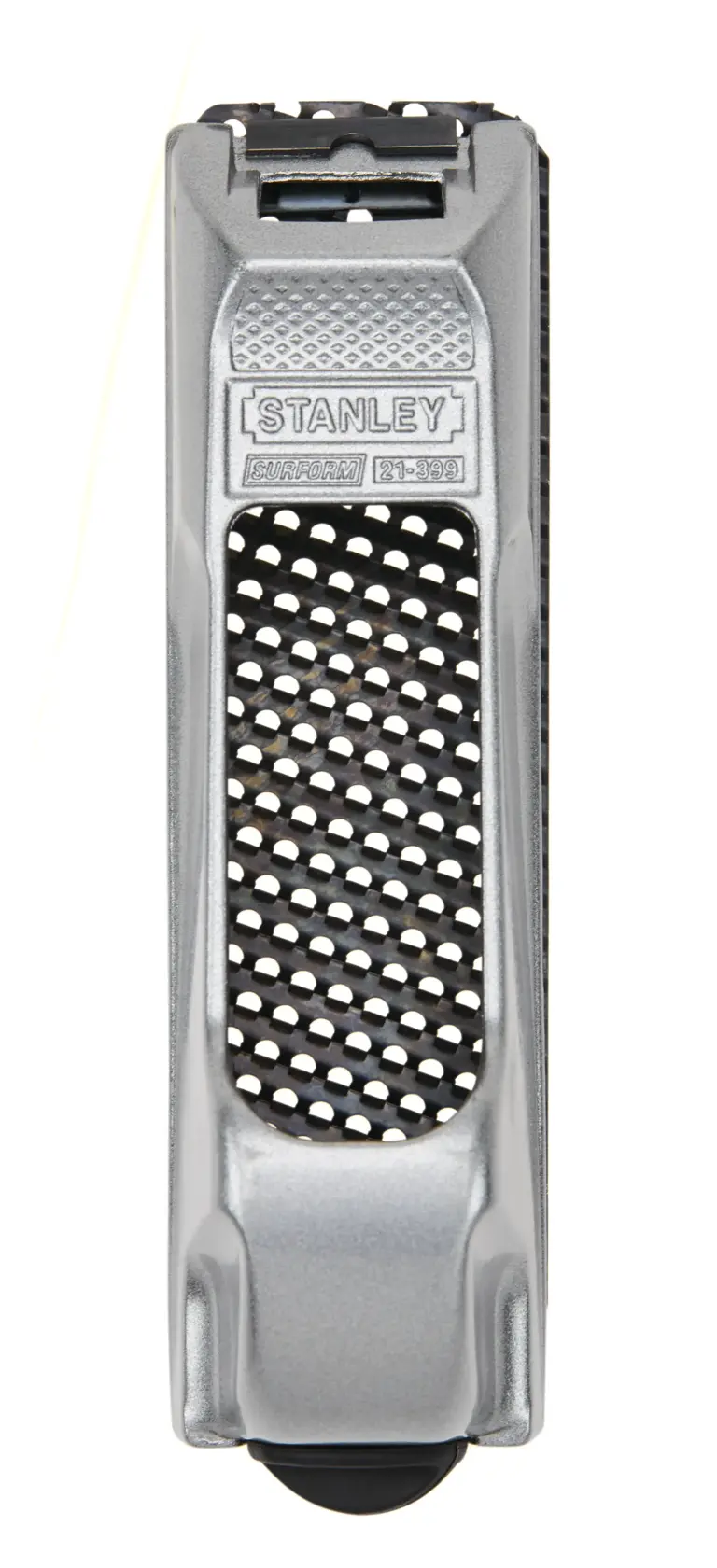Stanley hand rasp, silver body with black grating, front view on white background