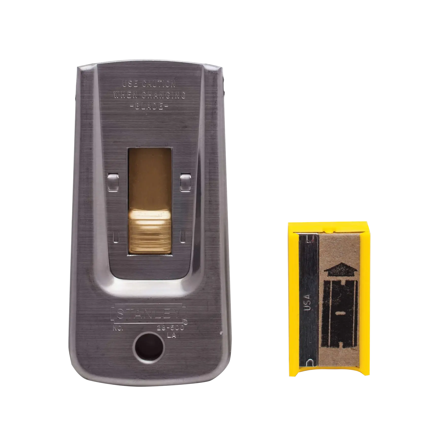 Stanley utility razor scraper and yellow blade holder front view on white background