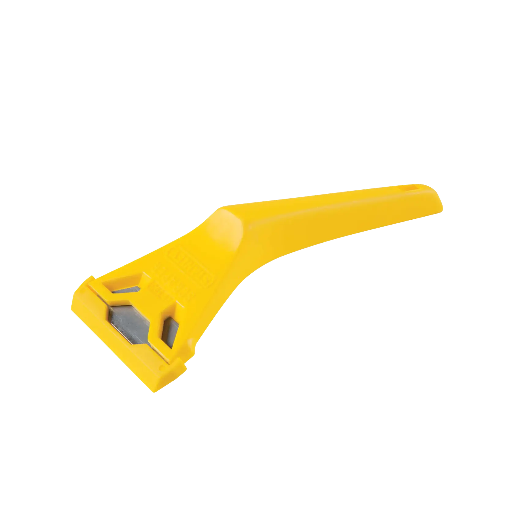 Stanley yellow plastic and metal scraper, angled view on white background