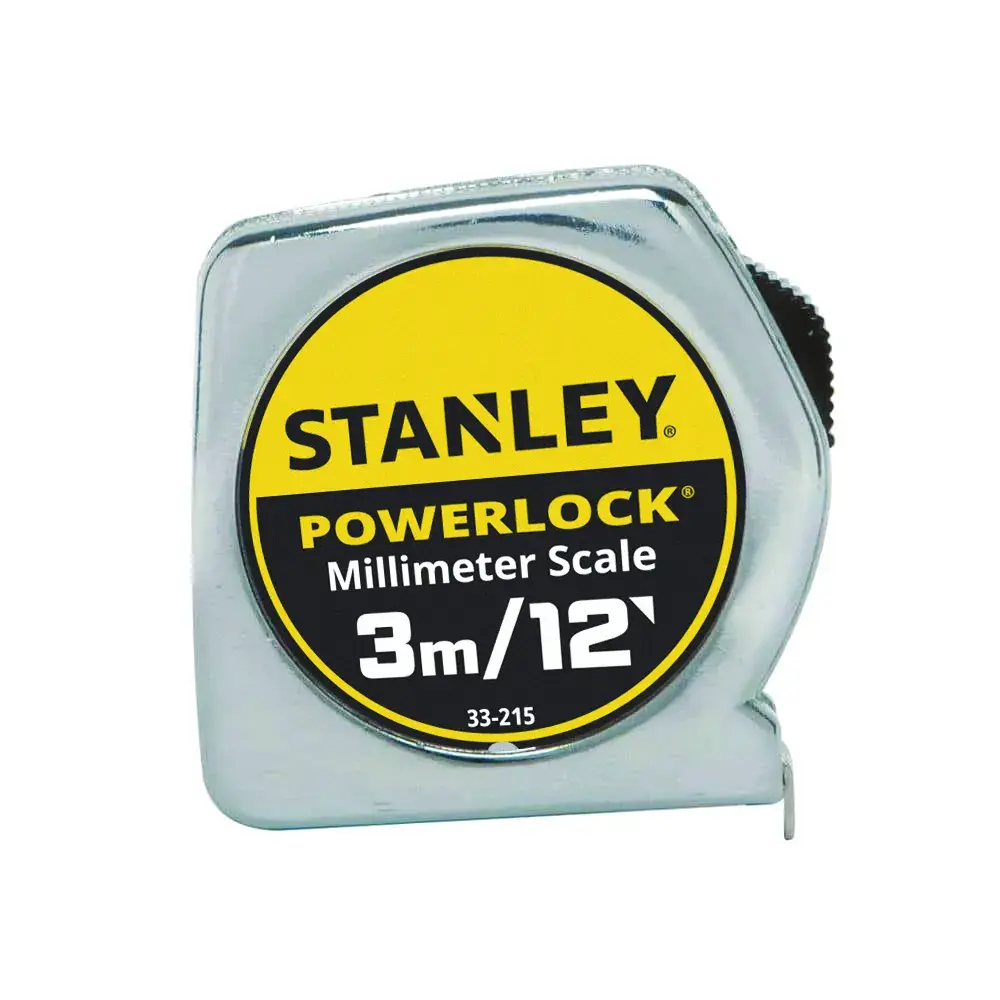 A Stanley PowerLock measuring tape with a millimeter scale. The tape measure is silver with a yellow and black label showing its length of 3 meters or 12 feet. Model number 33-215.
