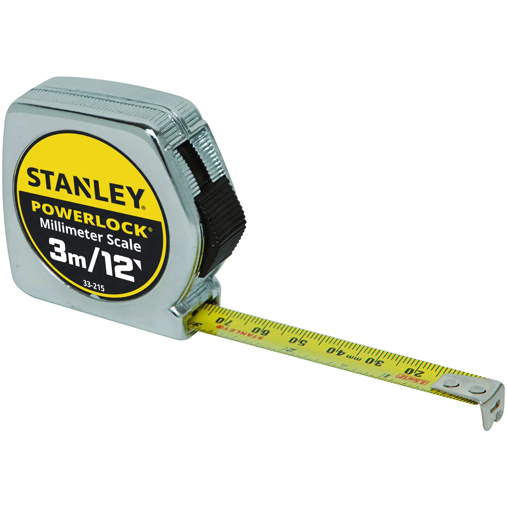 A STANLEY PowerLock tape measure with a metal case and a yellow tape extended, showing measurements in both centimeters and inches. The label reads 'Millimeter Scale 3m/12'.
