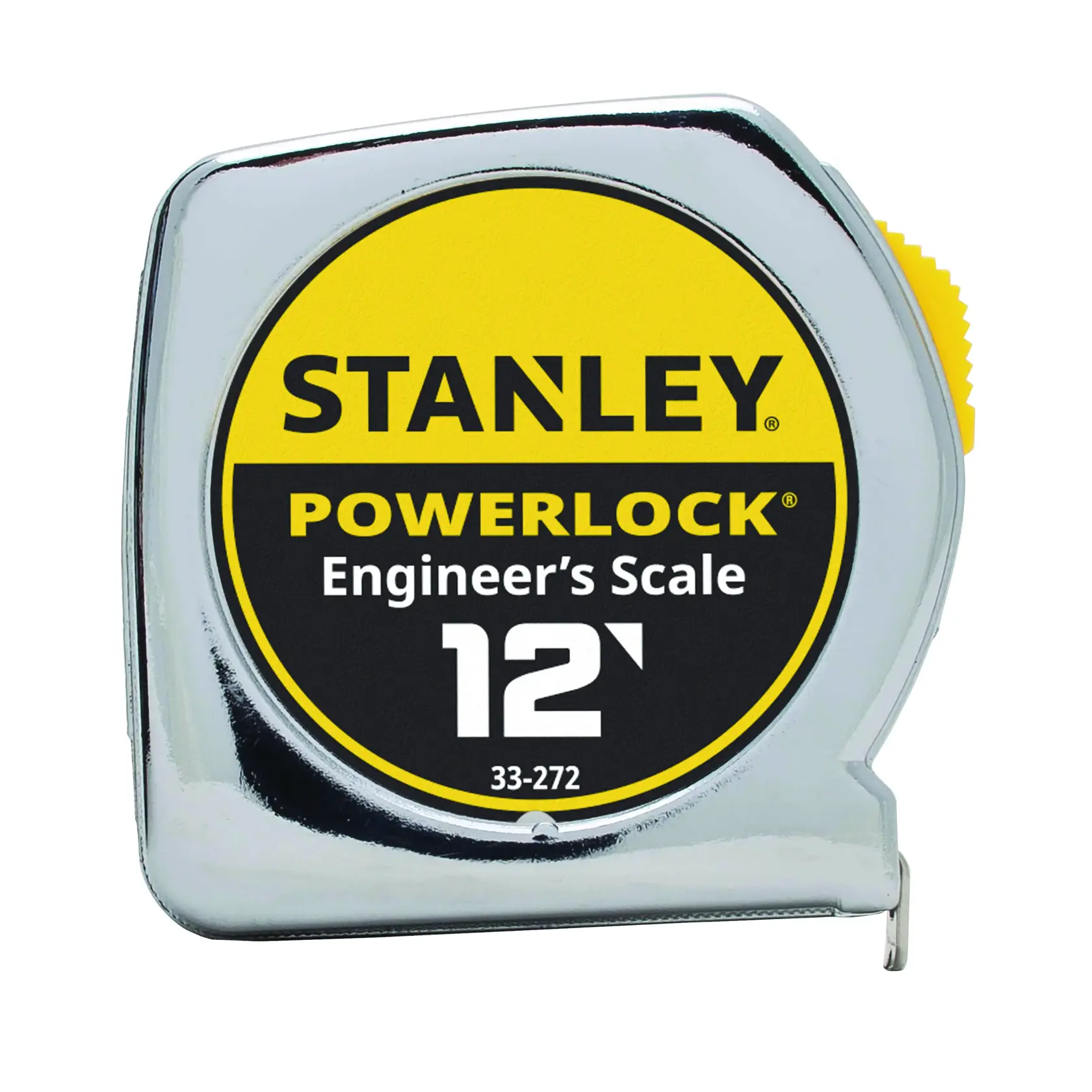 STANLEY PowerLock 12-foot engineer's scale tape measure, front shot, silver and yellow casing