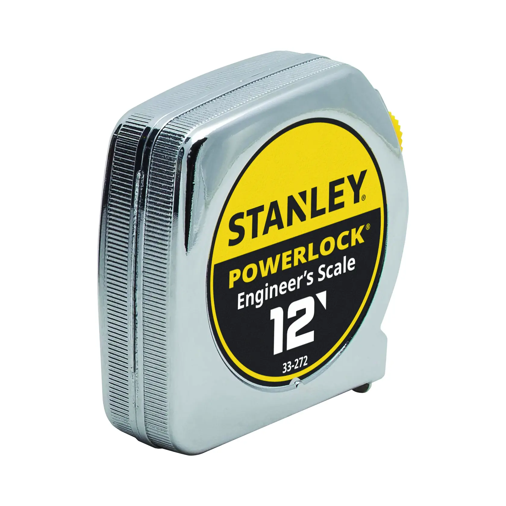 Stanley PowerLock engineer's scale 12-foot tape measure, chrome case, angled on white background