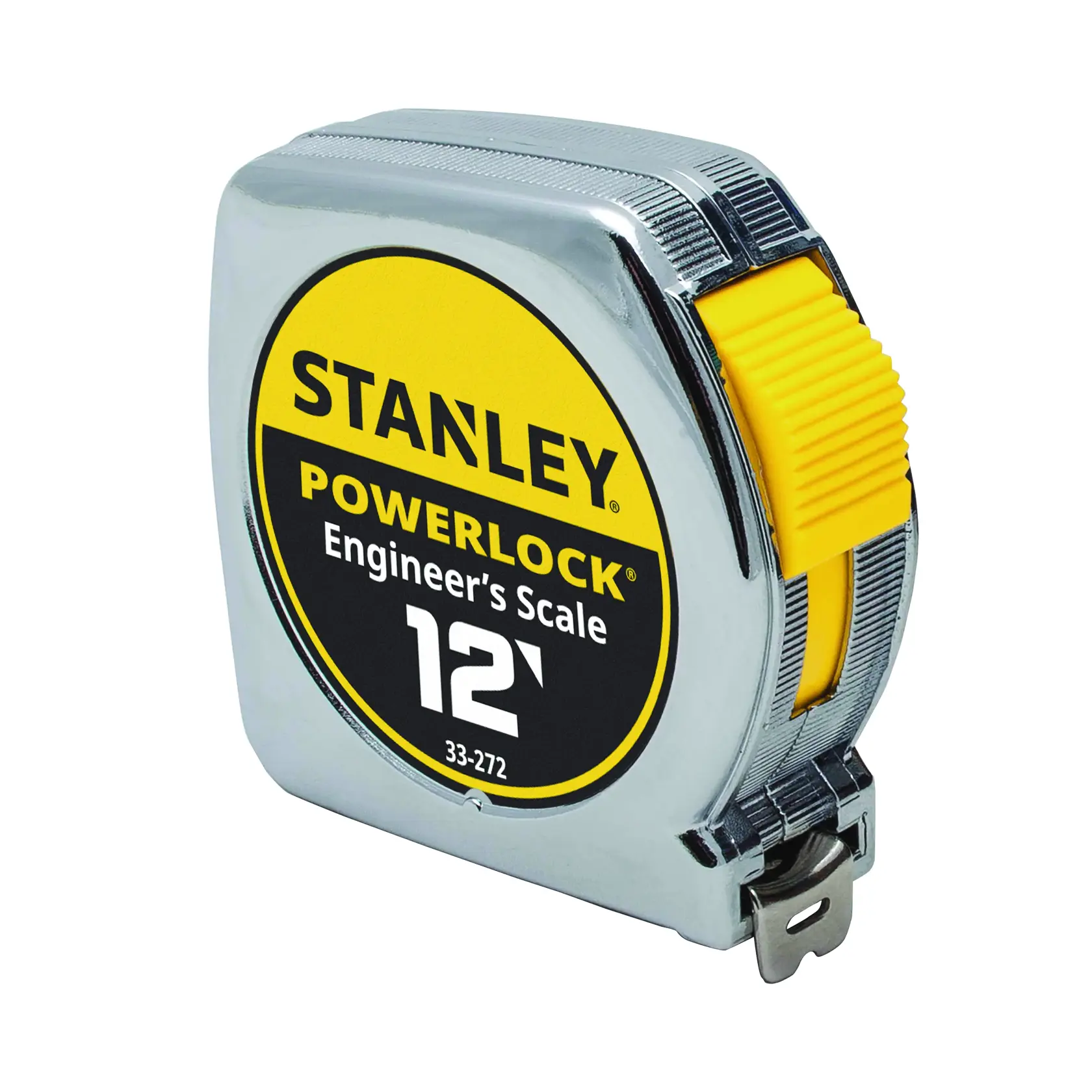 Stanley PowerLock engineer's scale tape measure 12 ft, chrome case, angled front on white background