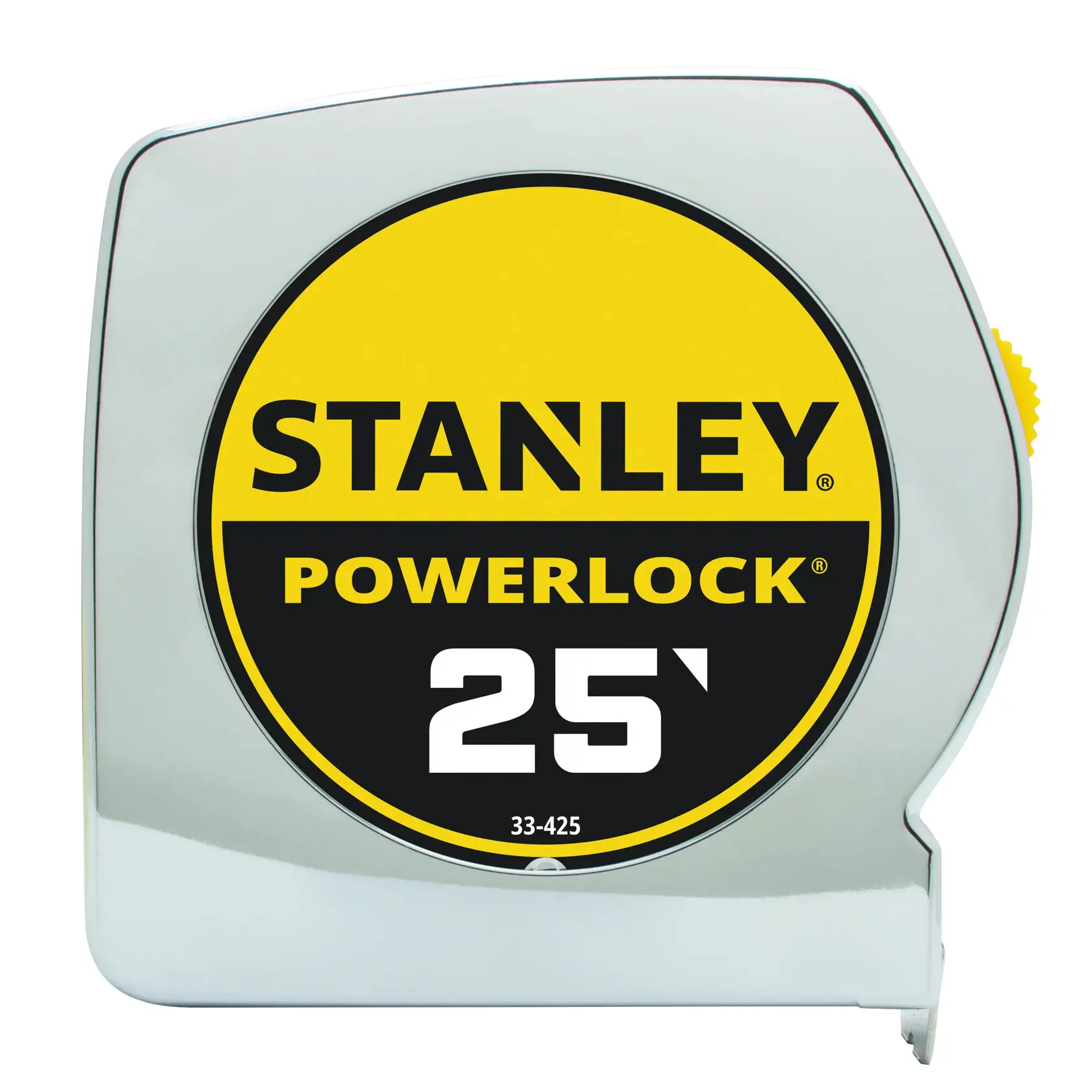 Front view of STANLEY PowerLock 25-foot tape measure with chrome casing and bold yellow label