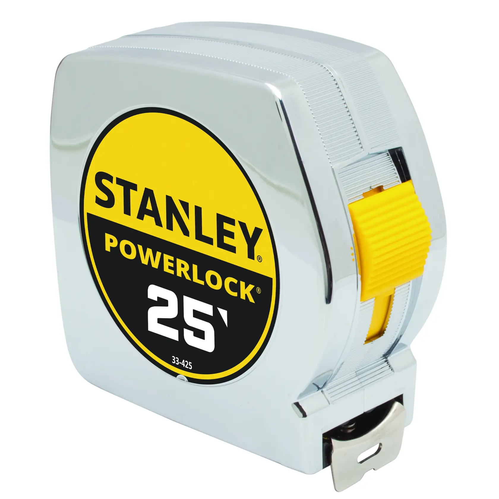 STANLEY PowerLock 25-foot tape measure, chrome body, yellow measurement lock, front angle on white background