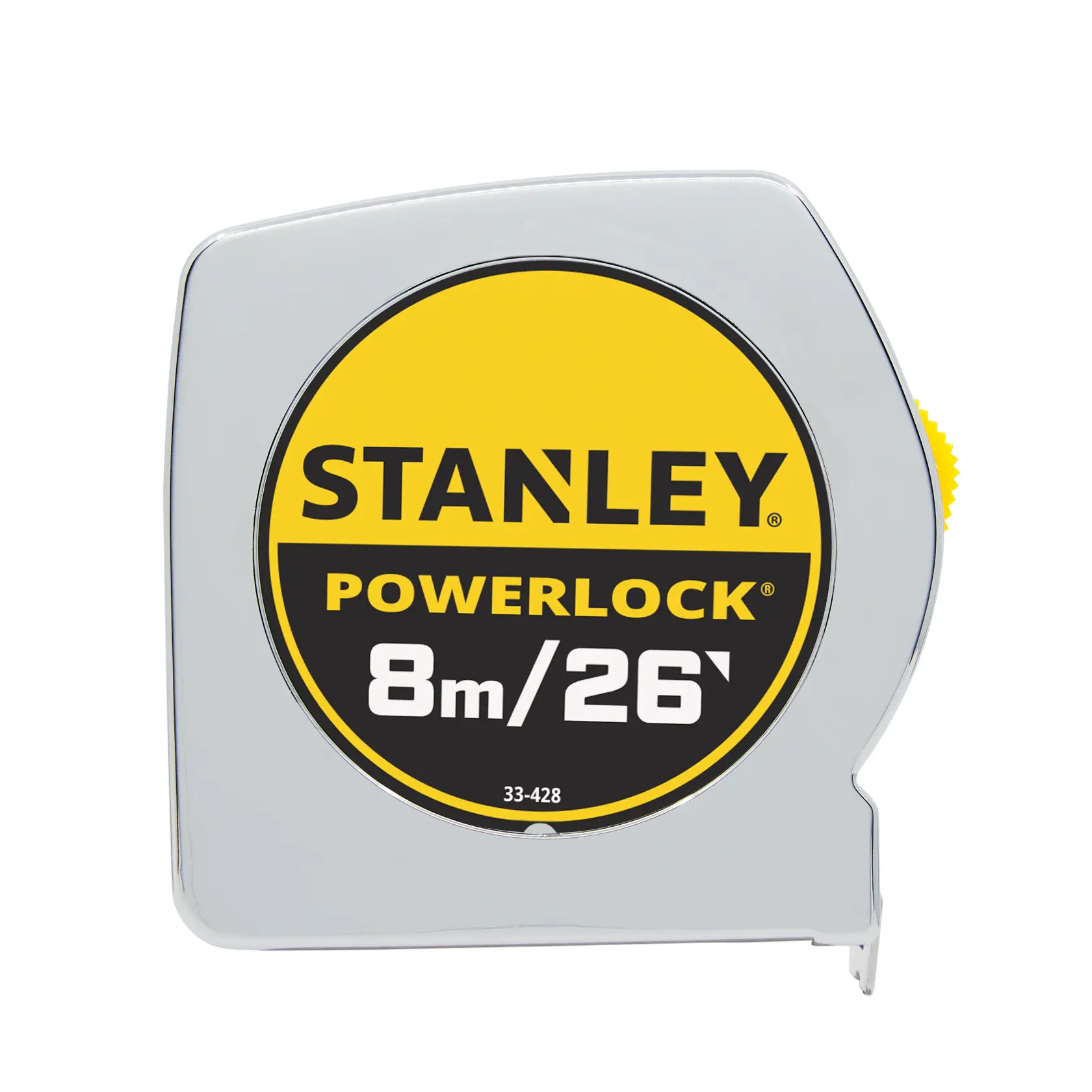 STANLEY 33-428 PowerLock tape measure, yellow and silver, front view, 8m/26ft marking.