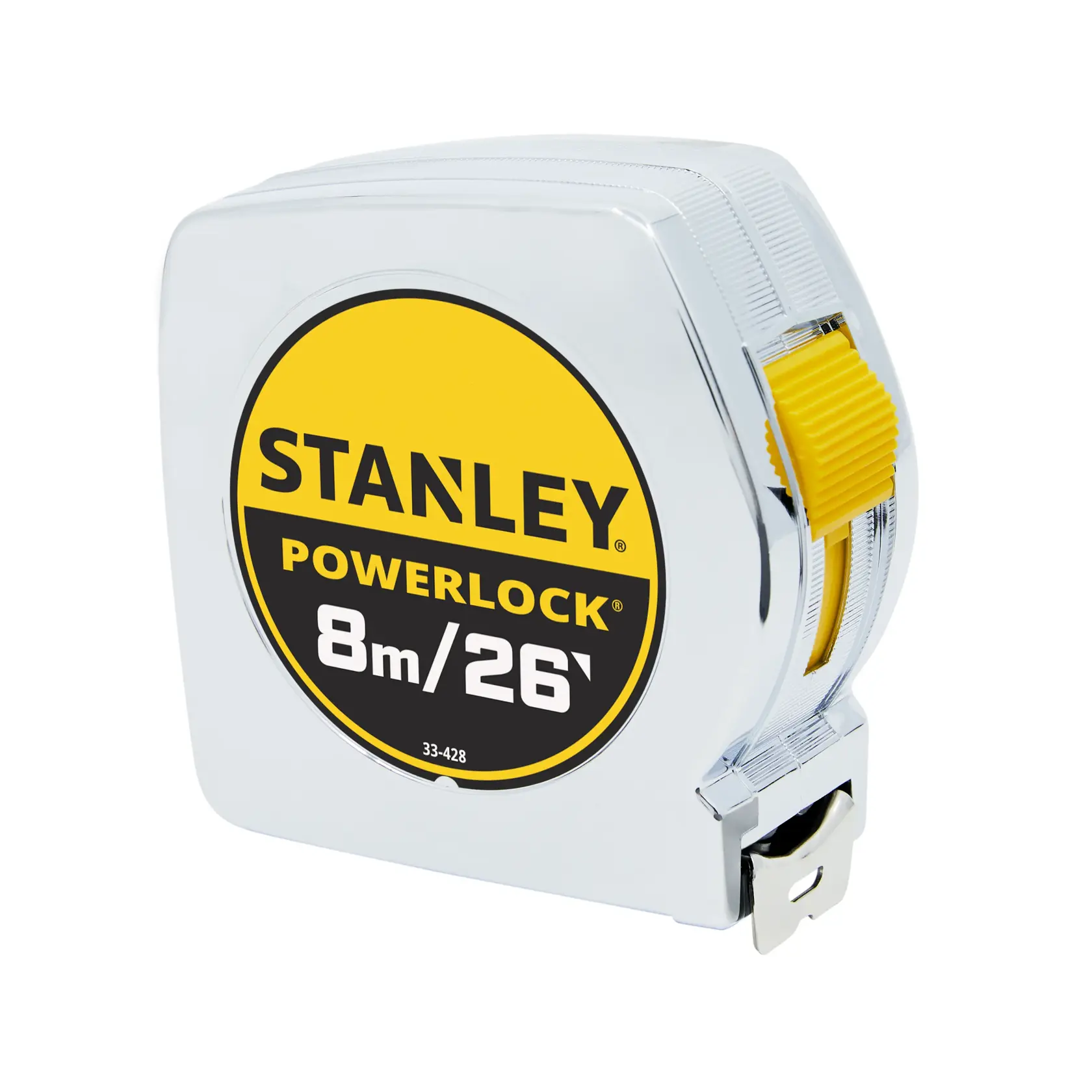 Stanley 33-428 PowerLock tape measure, 8m/26ft, chrome case, yellow lock, front angle on white.