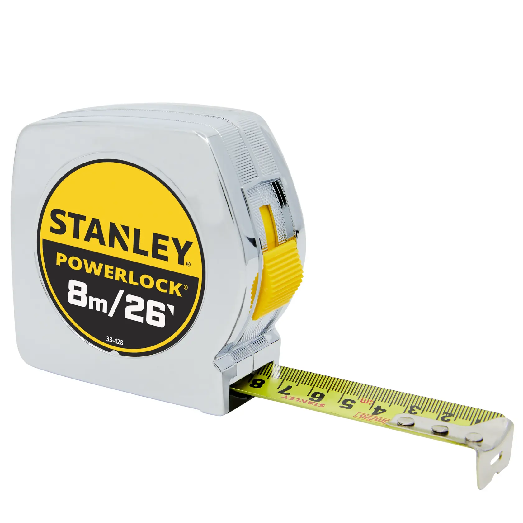 STANLEY 33-428 PowerLock tape measure, chrome body, yellow lock, side angle, extended yellow blade.