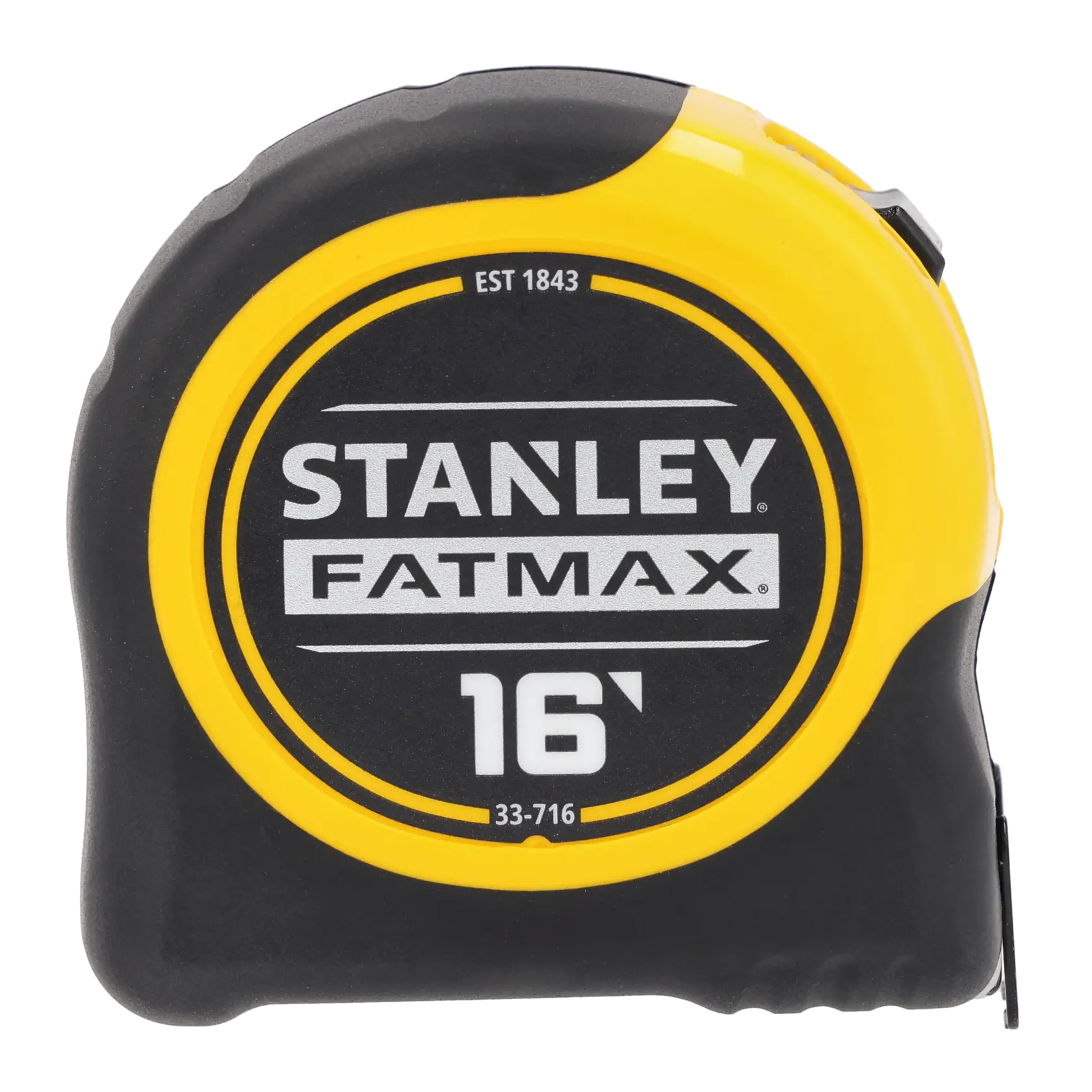 A close-up image of a STANLEY FATMAX 16-foot tape measure with a yellow and black casing, showing the product branding and model number 33-716.