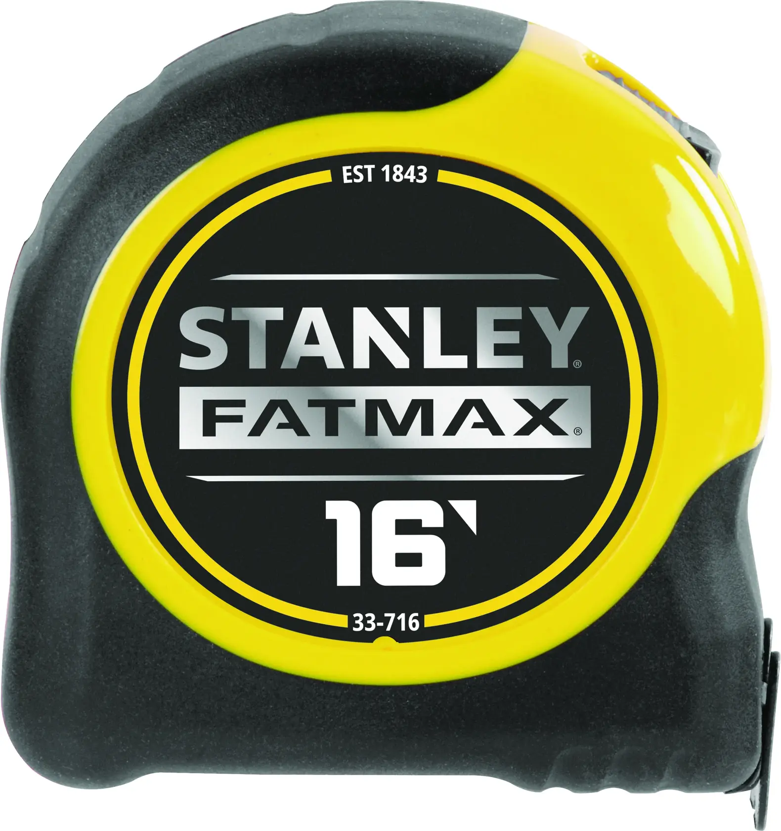 Front angle Stanley Fatmax 16-foot tape measure with yellow and black casing, classic model.