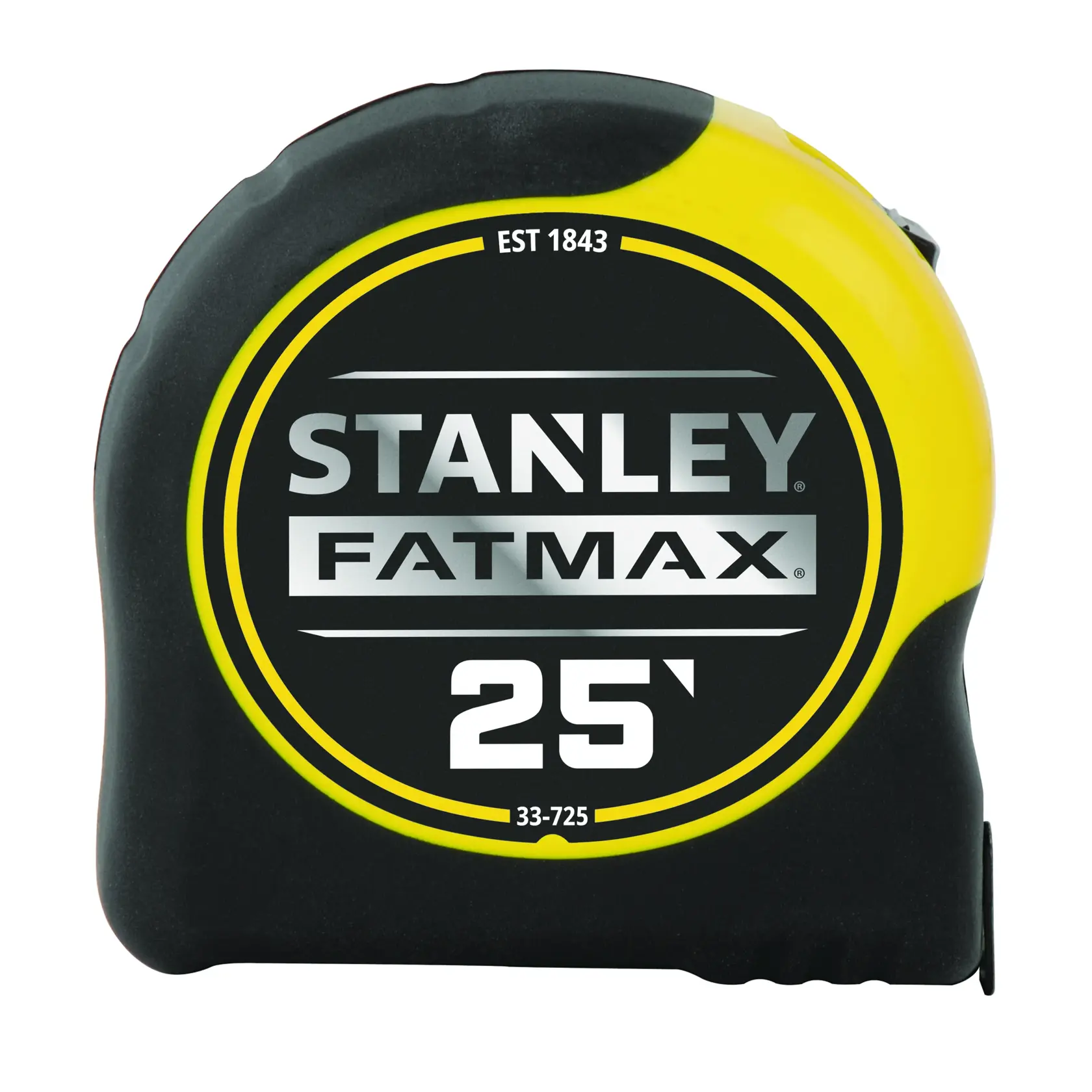Stanley FATMAX 25-foot tape measure, front angle, yellow and black casing, SKU 33-725