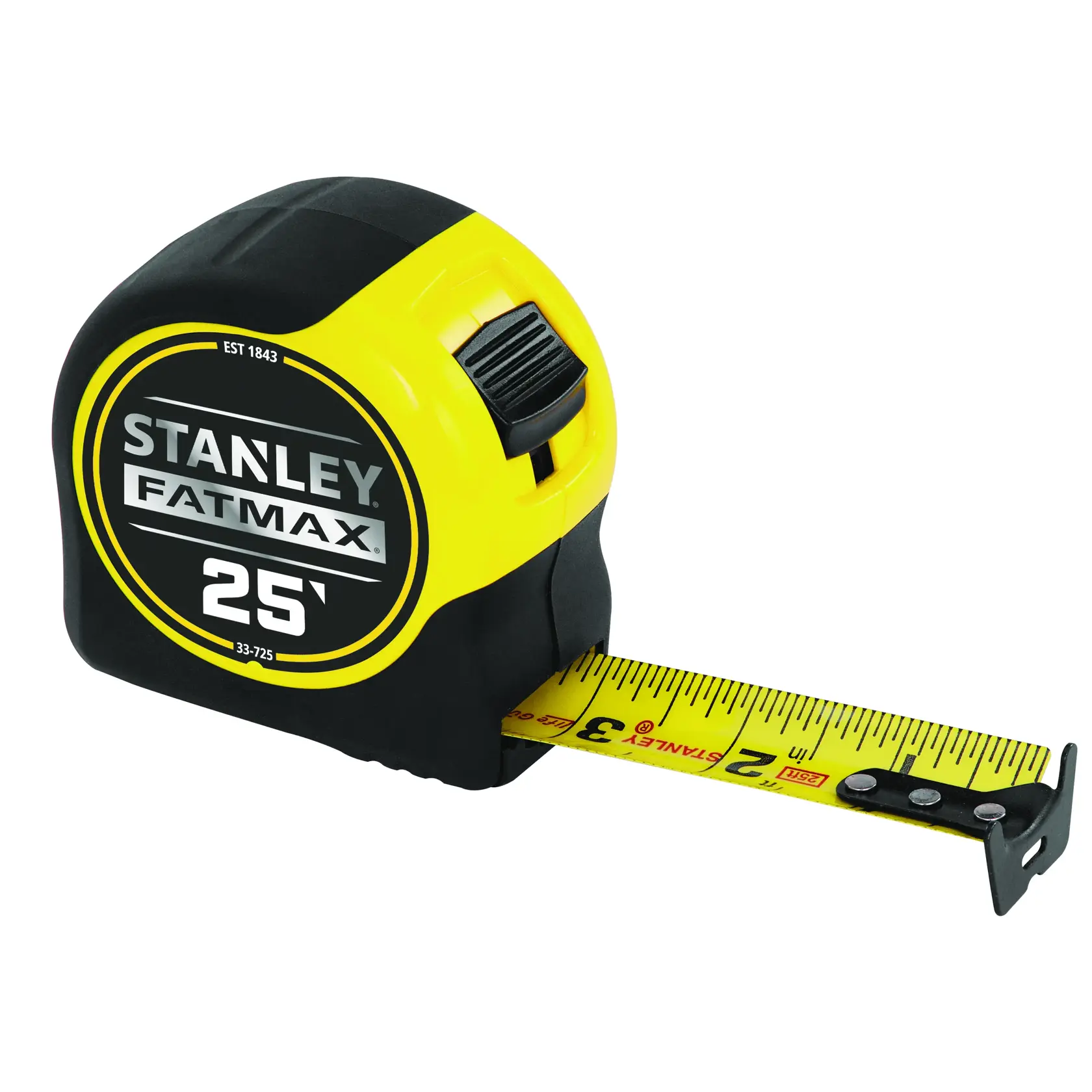 Front angle view of Stanley FatMax 25-foot yellow and black tape measure with extended measuring blade