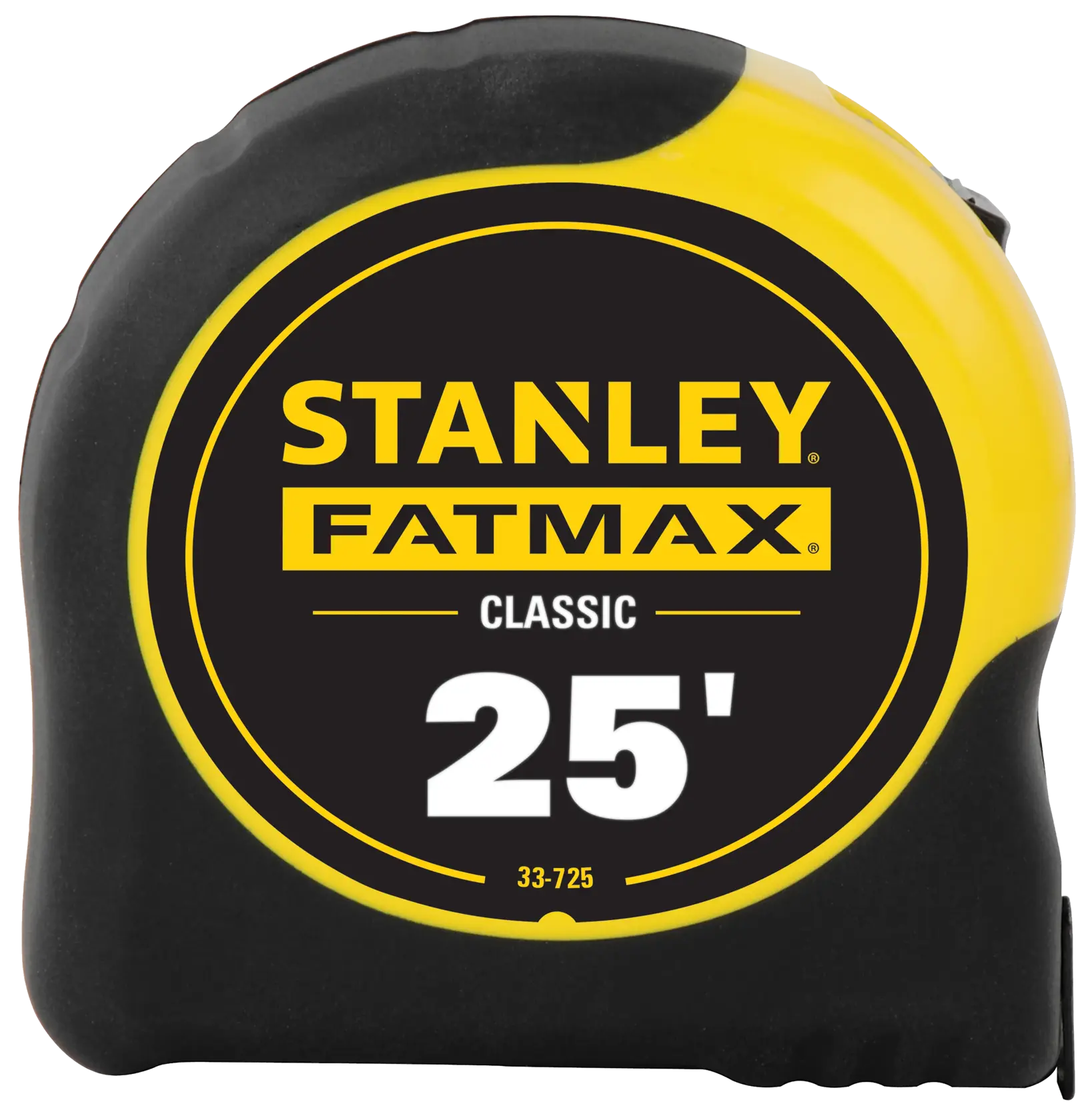 STANLEY 33-725 tape measure, FATMAX Classic 25 foot, black and yellow casing, front view, white background.