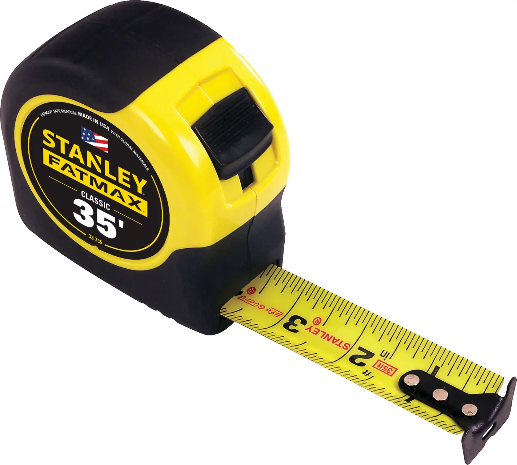 Stanley FATMAX yellow and black tape measure, classic 35', angled side view on white background