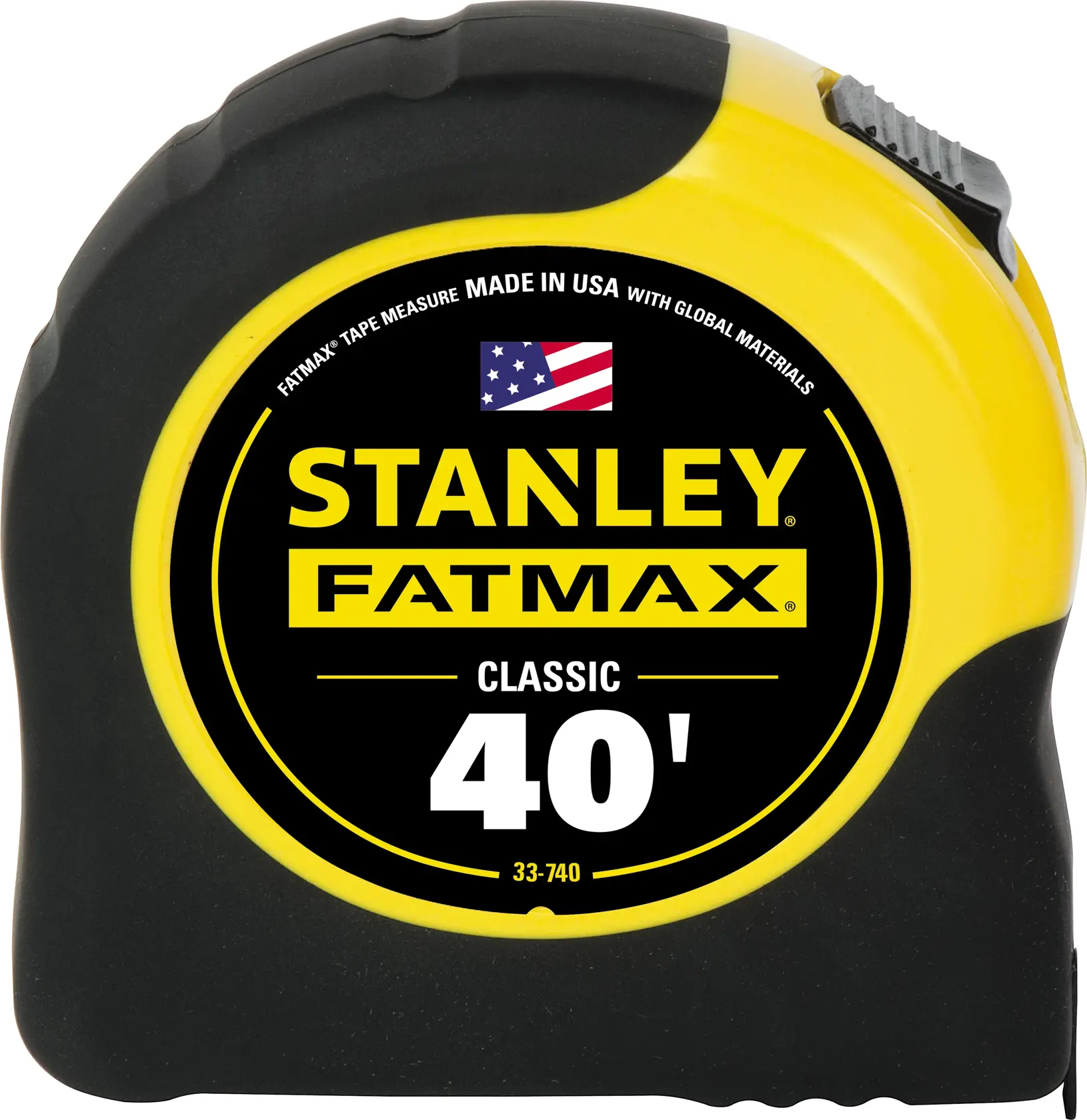 STANLEY FATMAX Classic 40' tape measure, front angle, black and yellow casing, USA flag on label