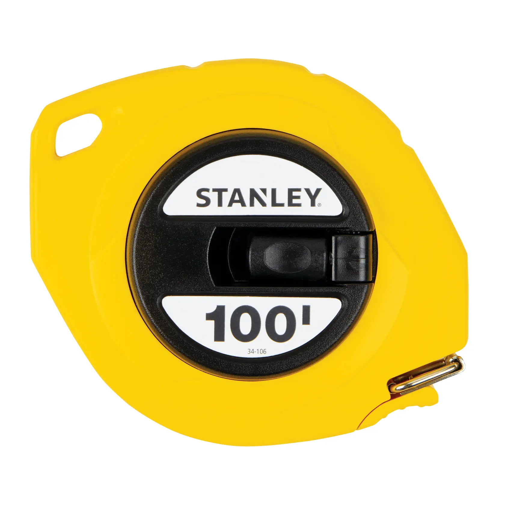 Stanley 100-foot yellow tape measure shown from top view on white background.