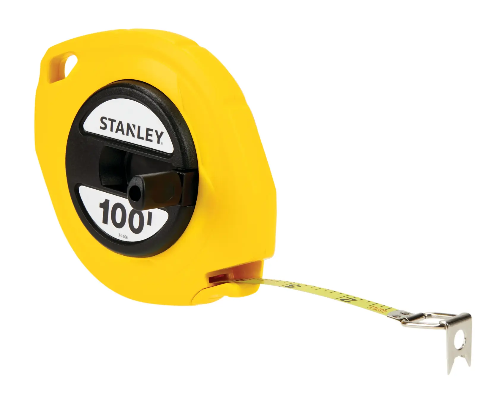 Stanley 100-foot yellow tape measure, angled side view on white background