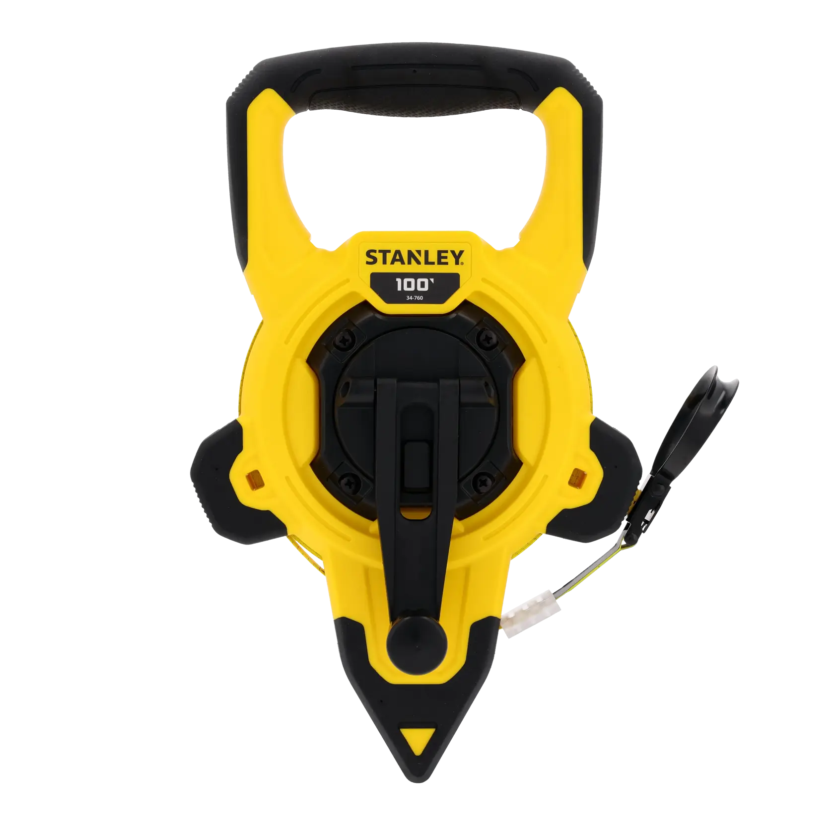 A Stanley 100-foot measuring tape in a yellow and black casing with a handle and winding mechanism, intended for precise measurement tasks.