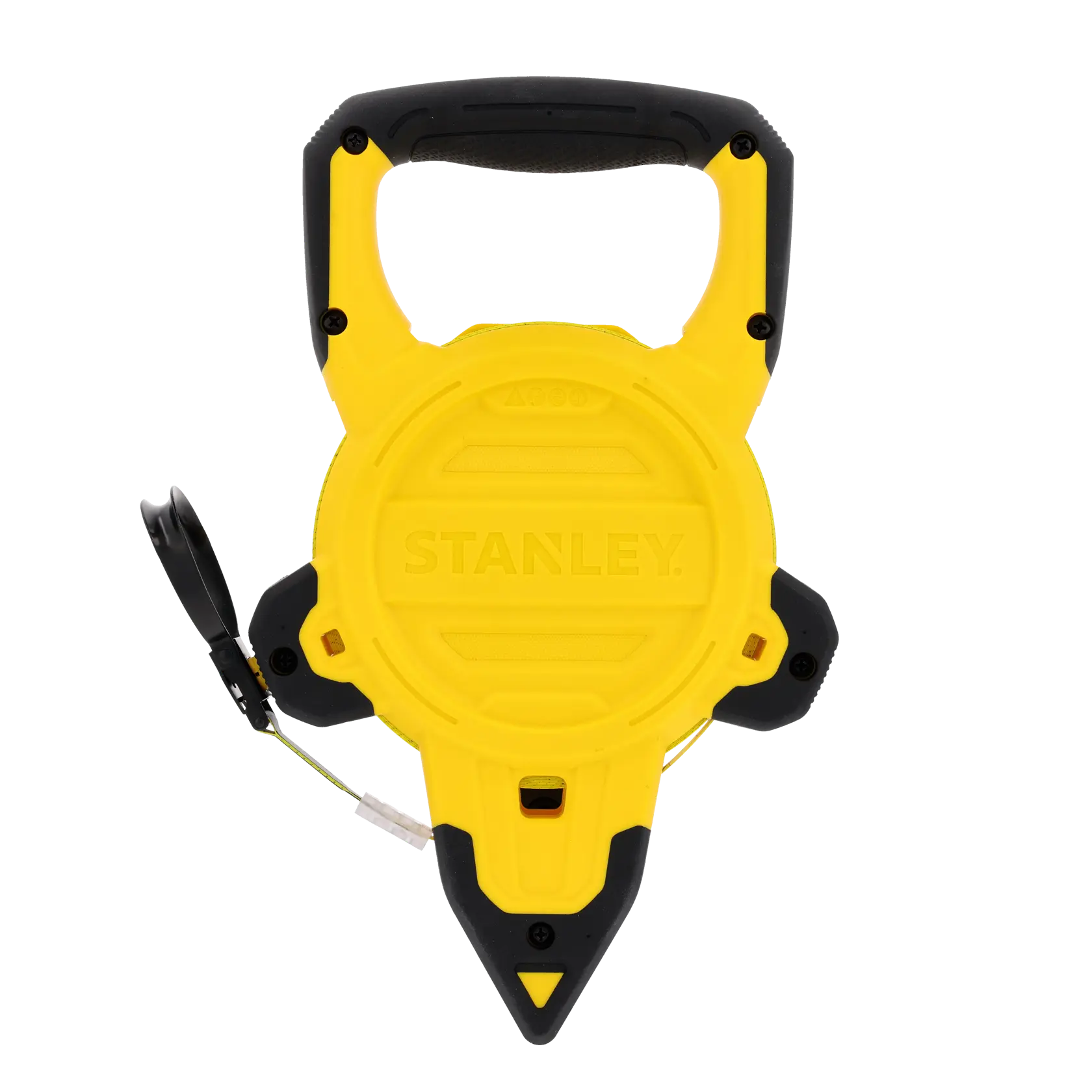 A yellow and black open reel measuring tape with handle. The product is branded STANLEY, and has a large circular case with a winding mechanism and visible tape end.