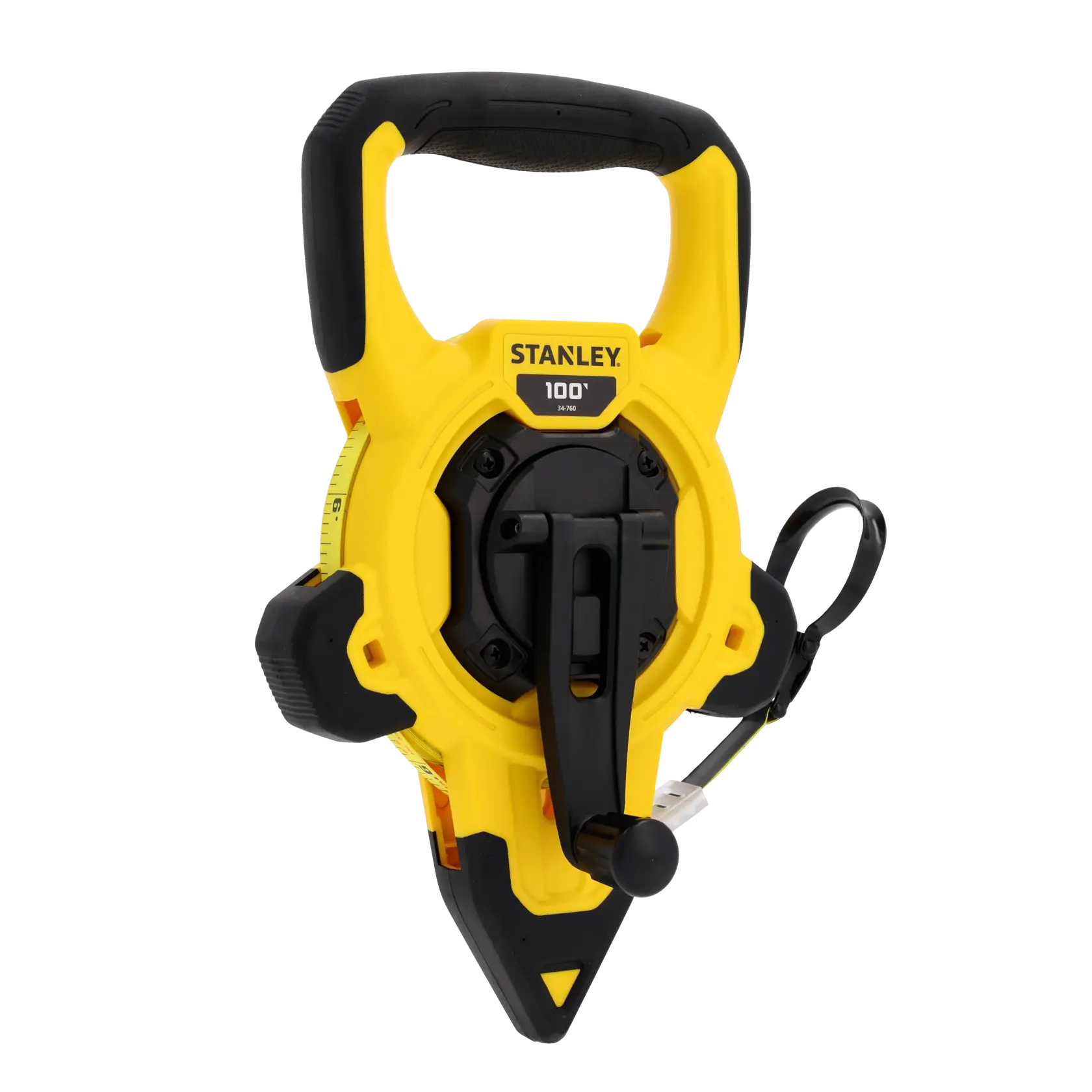 A yellow and black STANLEY 100-foot open reel measuring tape with a large handle and a crank for winding the tape, designed for outdoor or professional measuring tasks.