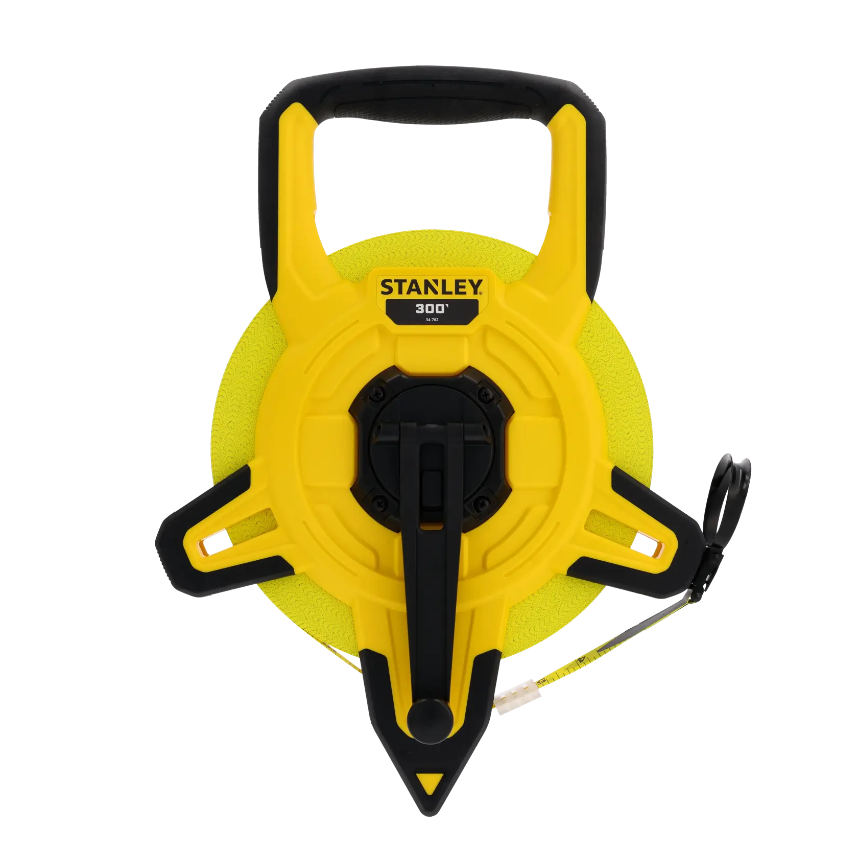 Stanley open reel measuring tape, 300-foot length, yellow and black, front view on white background