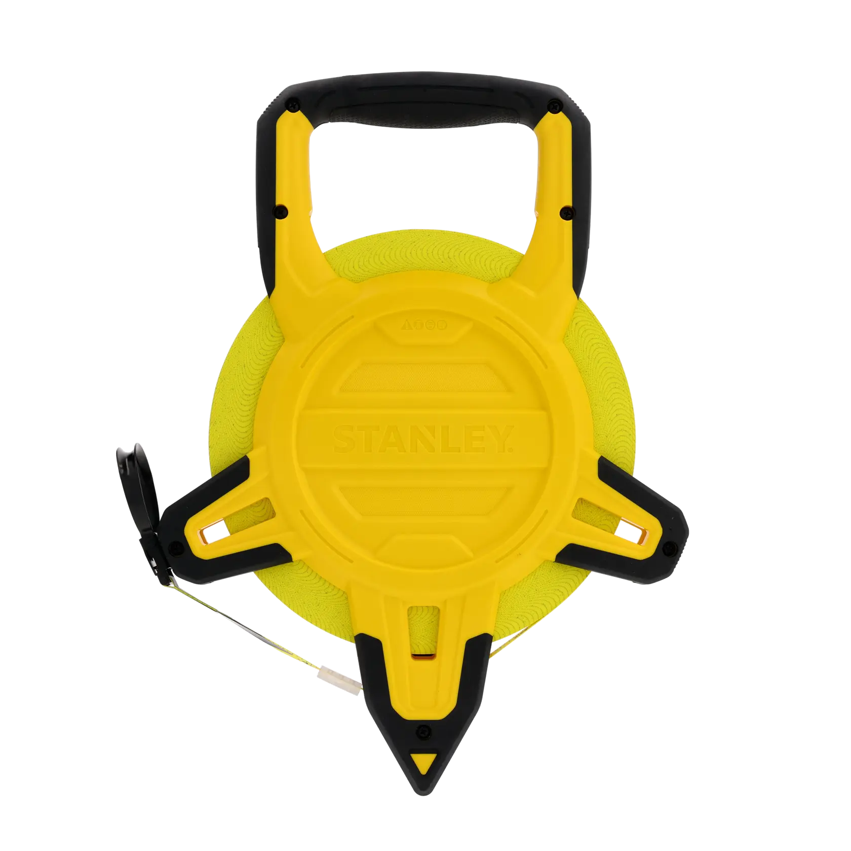 Stanley 34-762 yellow and black open reel long tape measure, front view, photography product.