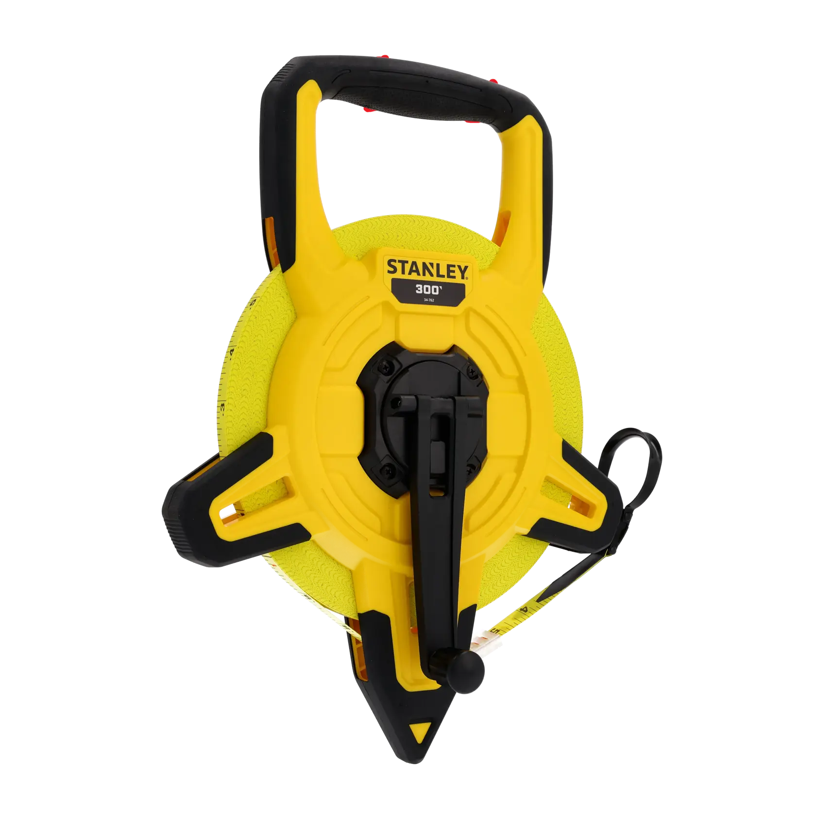 STANLEY 34-762 yellow open reel long tape measure with handle and winding lever, front angle photo.