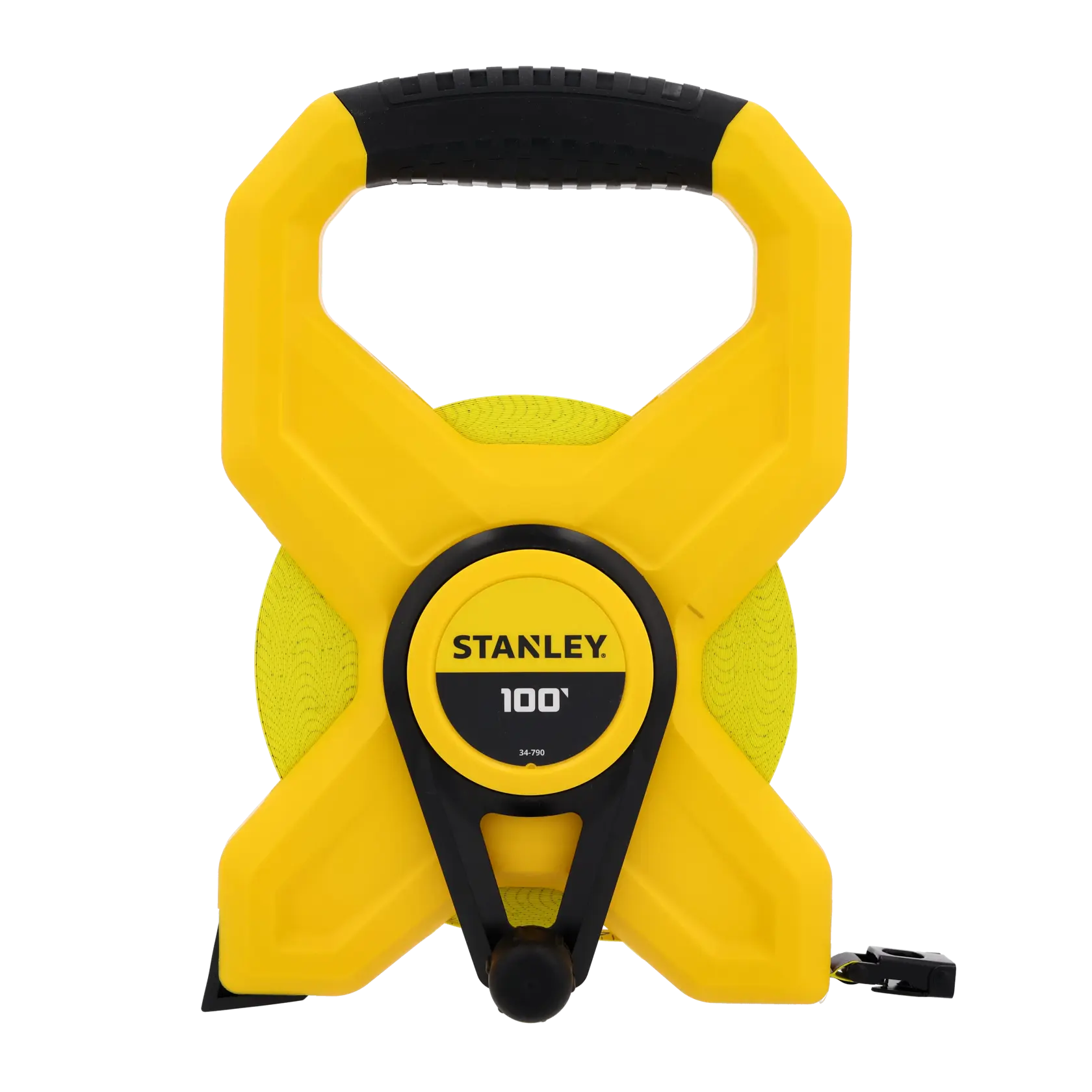A yellow and black Stanley 100-foot open reel tape measure, model 34-790, with a large handle and winding mechanism.