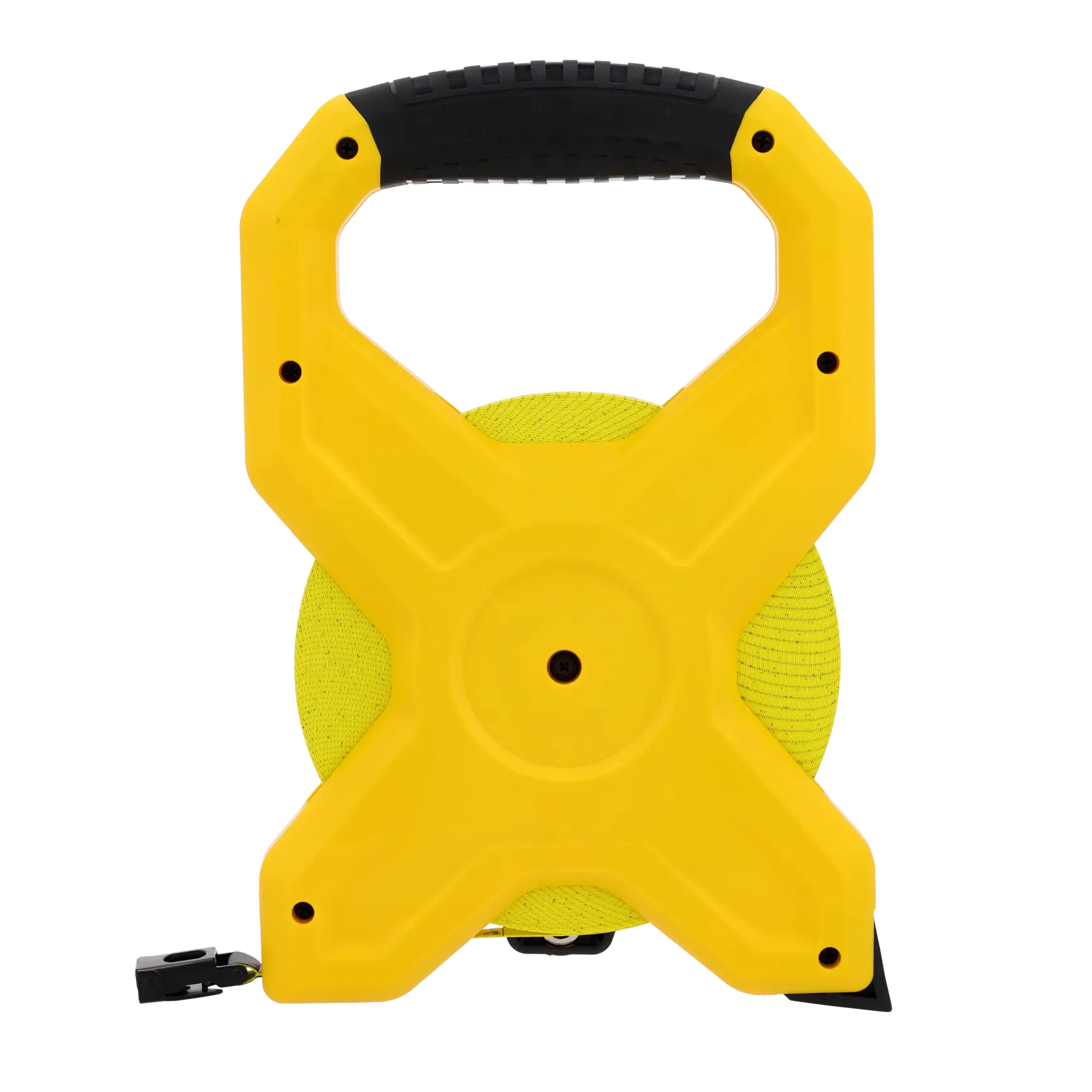 A yellow and black open reel measuring tape tool, with a sturdy X-shaped frame and handle, designed for precise measurements in photography or construction.